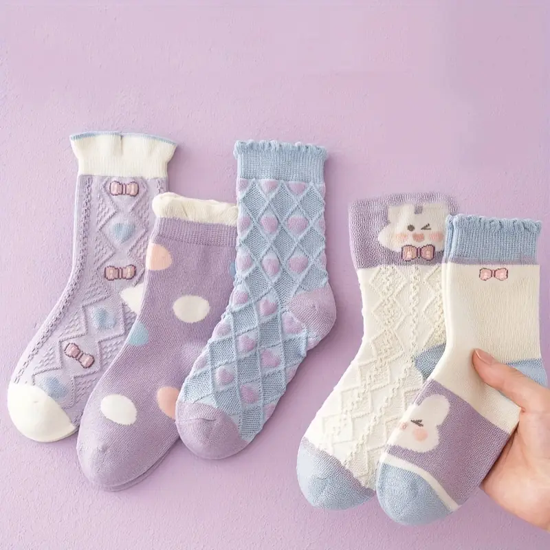 5 pairs girls polka dot rabbit cute pattern socks breathable comfy crew socks childrens trendy socks 2