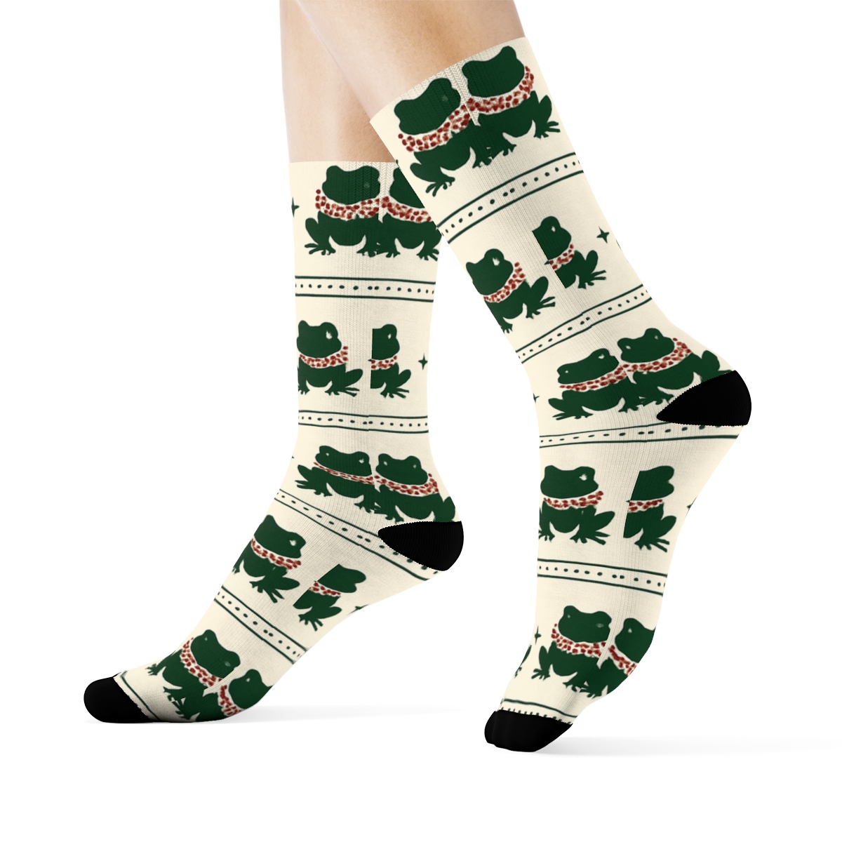 Festive Frog Ornament Bands On Ivory comfortable cotton crew socks