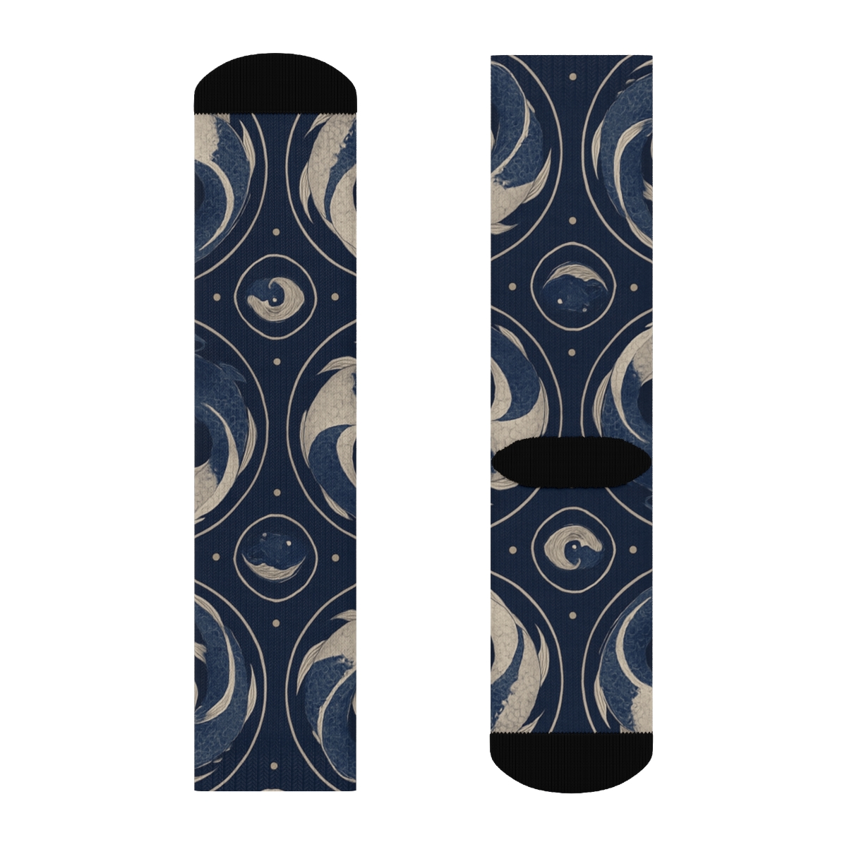 Dual Koi Circle Progression On Deep Indigo designer printed crew socks