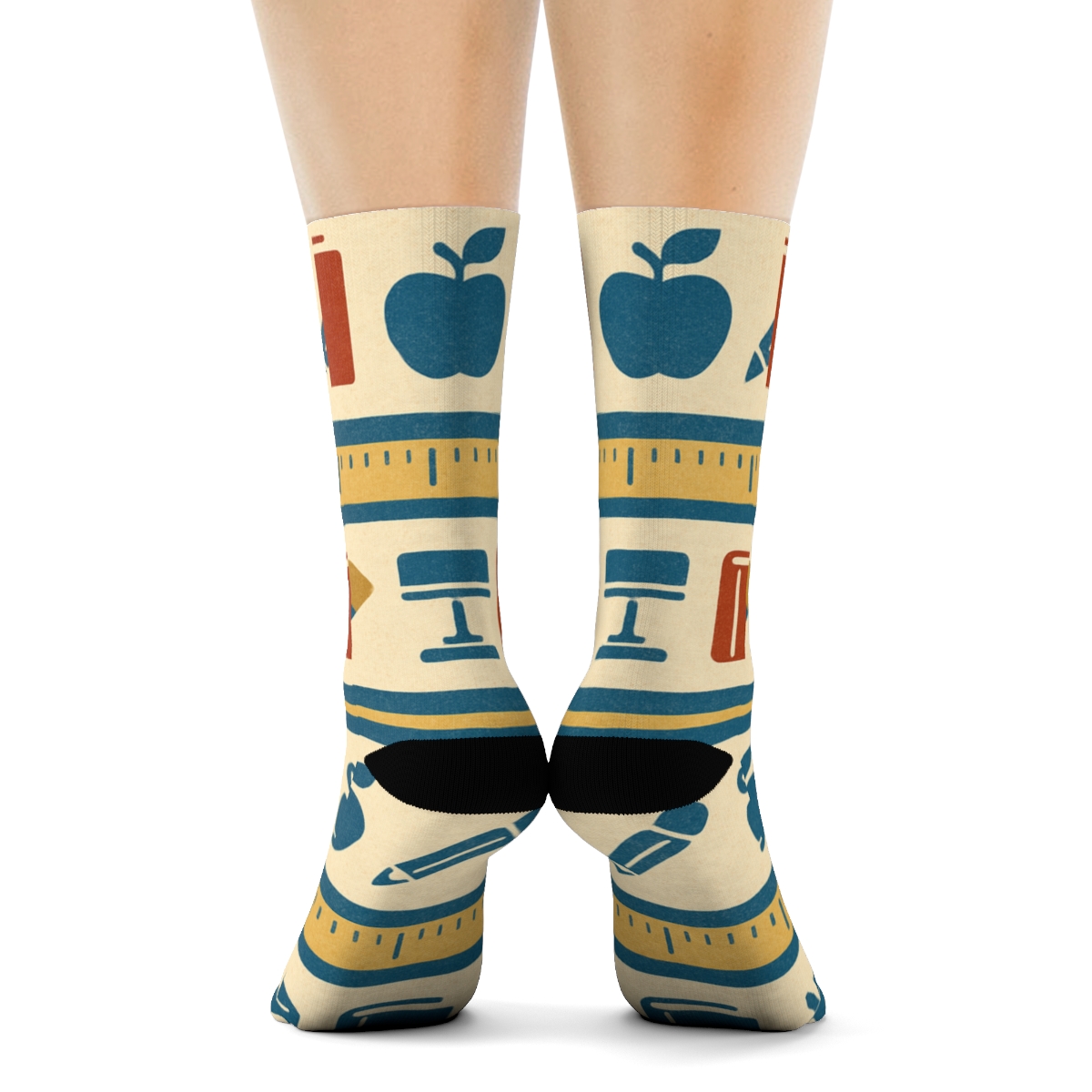 Books And Pencils With Teacher Poster Stripes designer printed crew socks