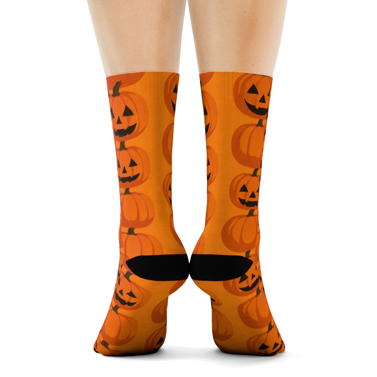 Stacked Pumpkin Totem Columns On Orange Background unique graphic crew socks