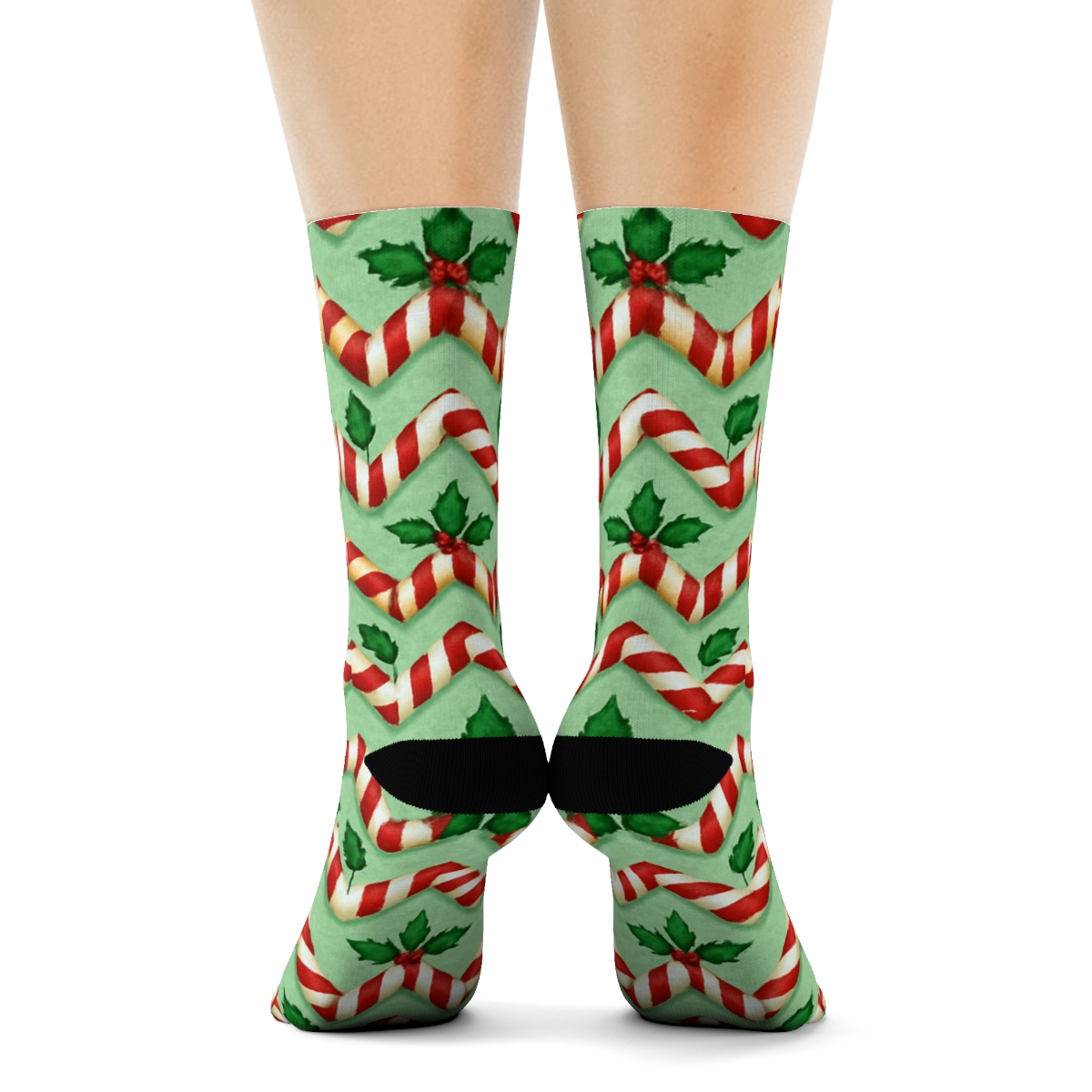 Candy Canes Chevron Ribbons On Mint Green Background trendy patterned crew socks
