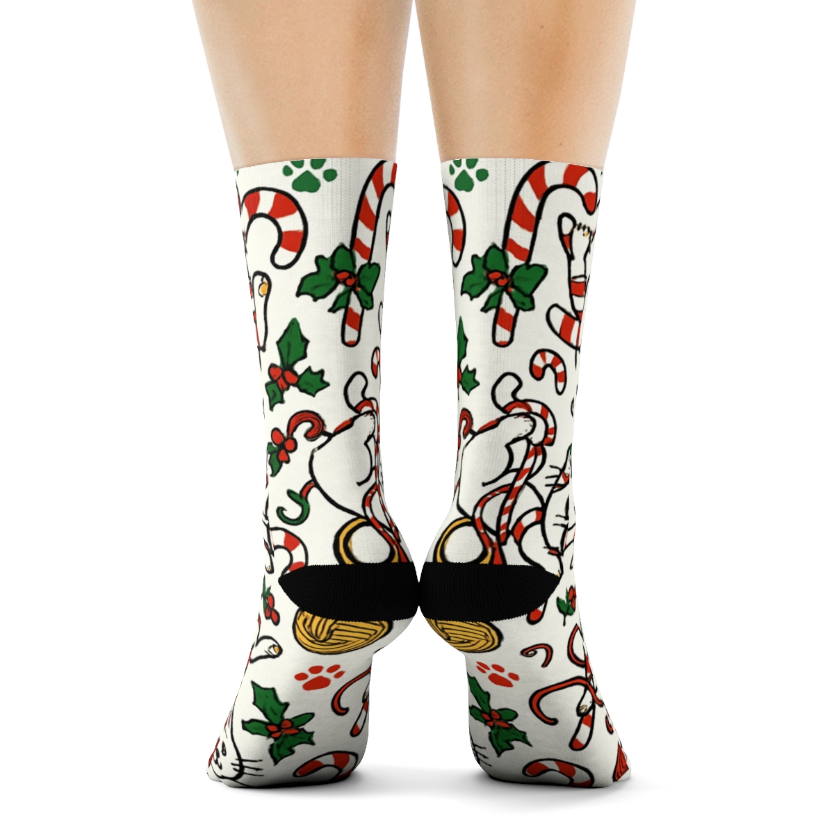 Candy Cane Cat Chaos On Snow White Field stylish athletic crew socks