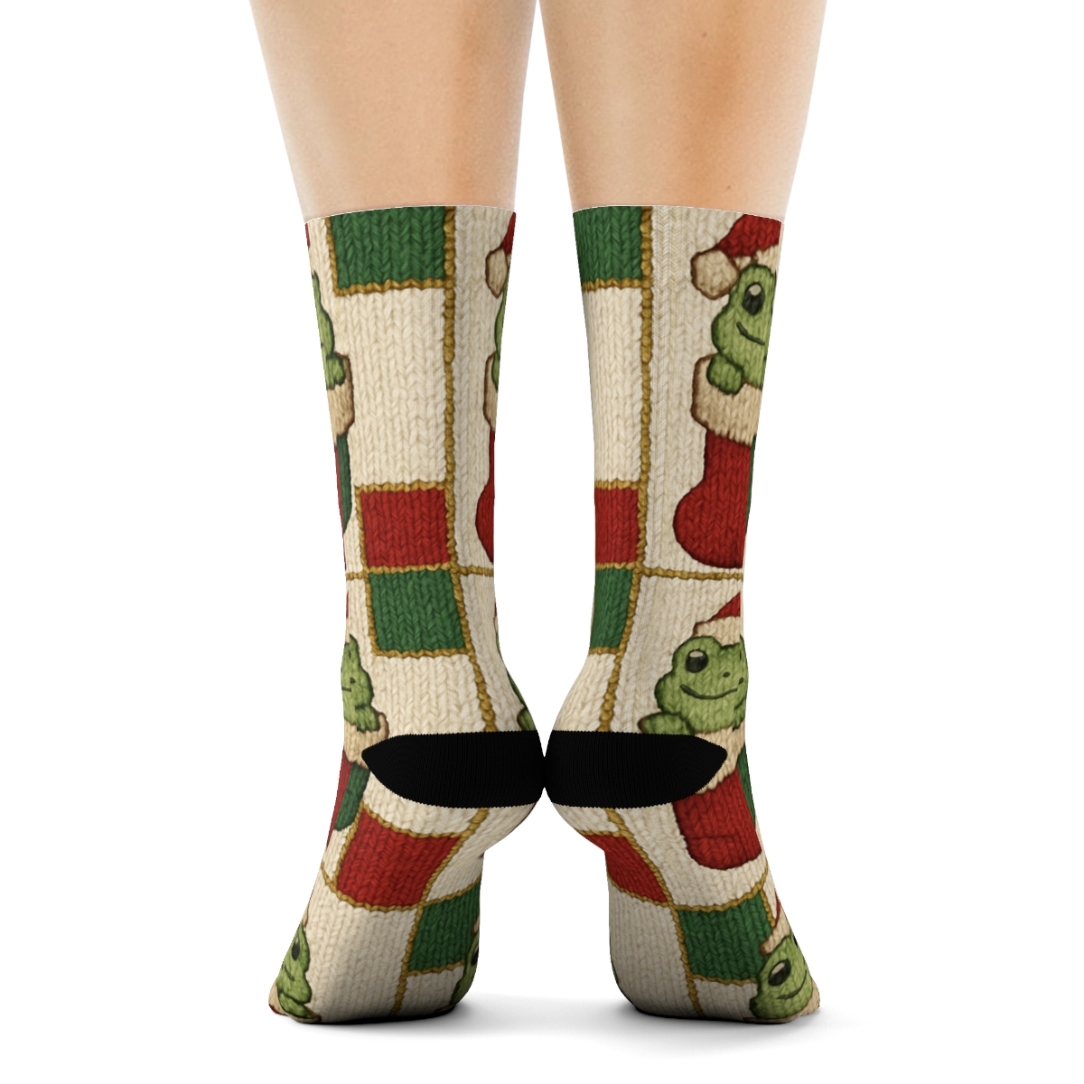 Knitted Stocking Frog Mosaic On Ivory Background trendy patterned crew socks