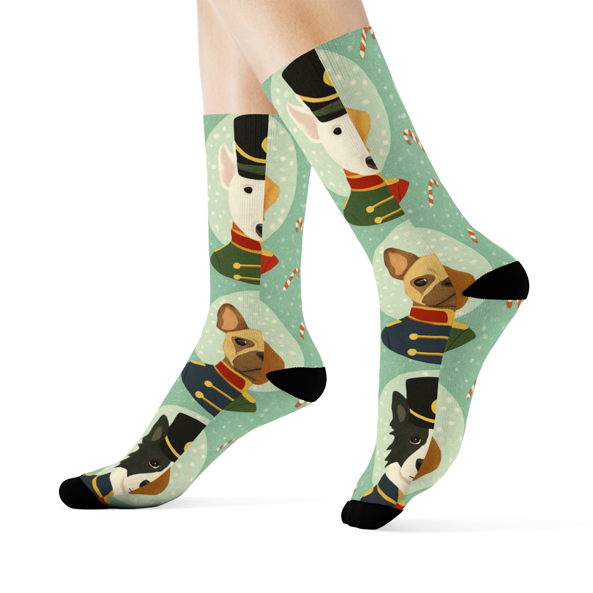 Dog Nutcracker Portrait Polka Tiles On Mint Background personalized crew socks