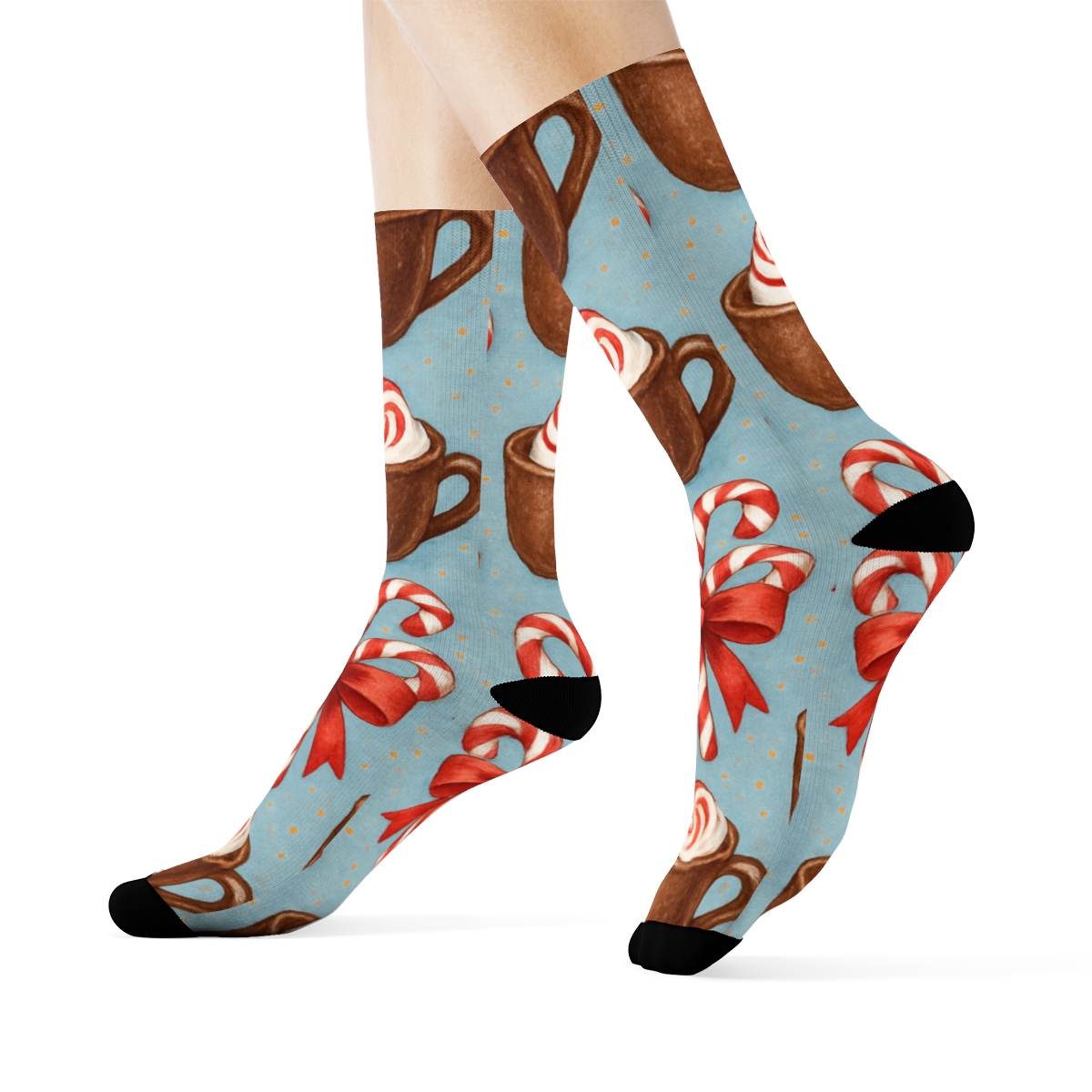 Icy Blue Candy Canes Snow Drift Collage Repeat designer printed crew socks