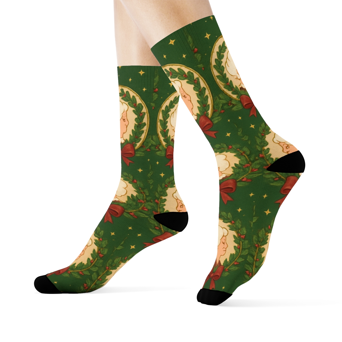 Ribbon-Trimmed Mrs. Claus-Style Baking Medallions personalized crew socksRibbon-Trimmed Mrs. Claus-Style Baking Medallions Crew Socks - Image 3