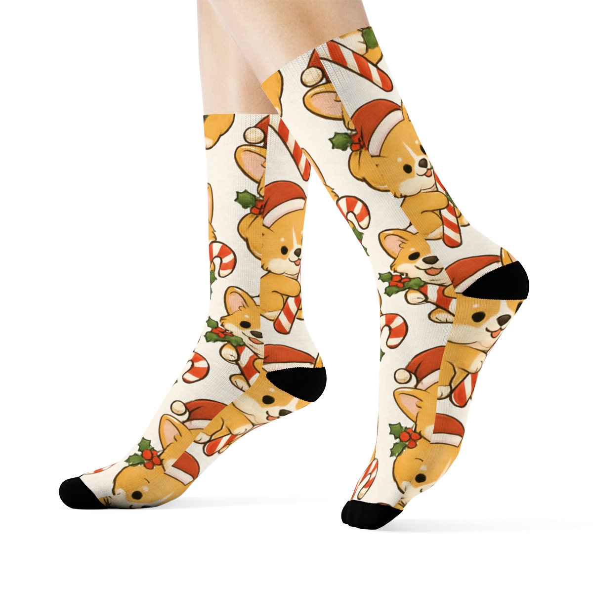 Candy Cane Corgis Diagonal Stripe Repeat designer printed crew socks