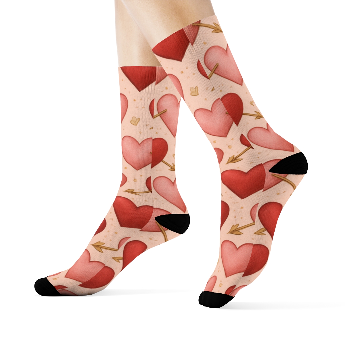 Valentines Heart With Arrow Pattern On Soft Pink Background designer printed crew socks