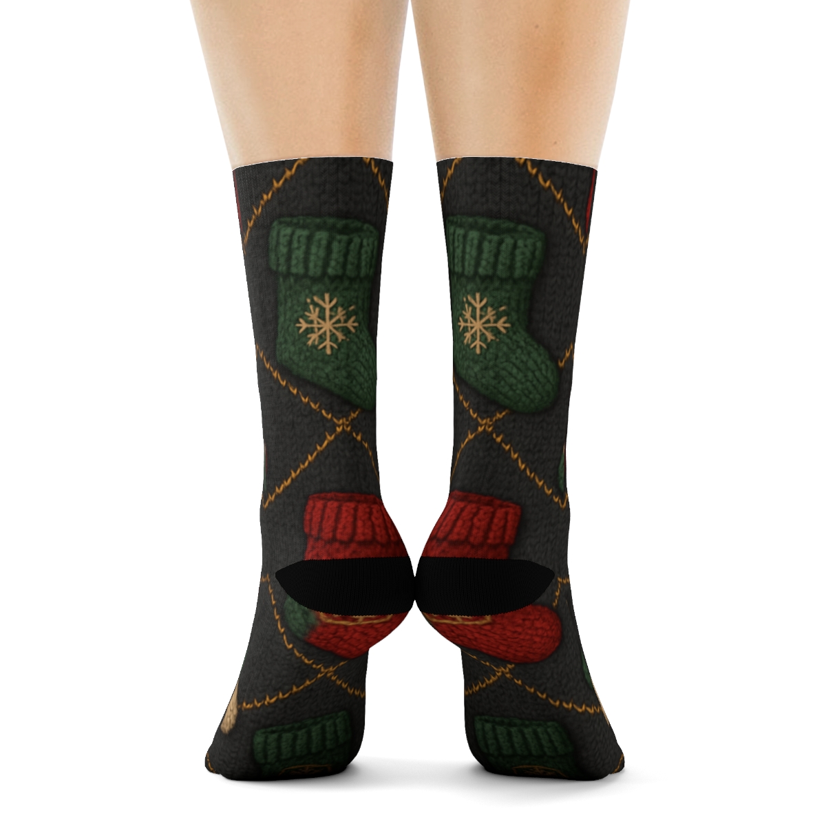 Knitted Holiday Stocking Lattice On Charcoal Background soft everyday crew socksKnitted Holiday Stocking Lattice on Charcoal Background Crew Socks - Image 4