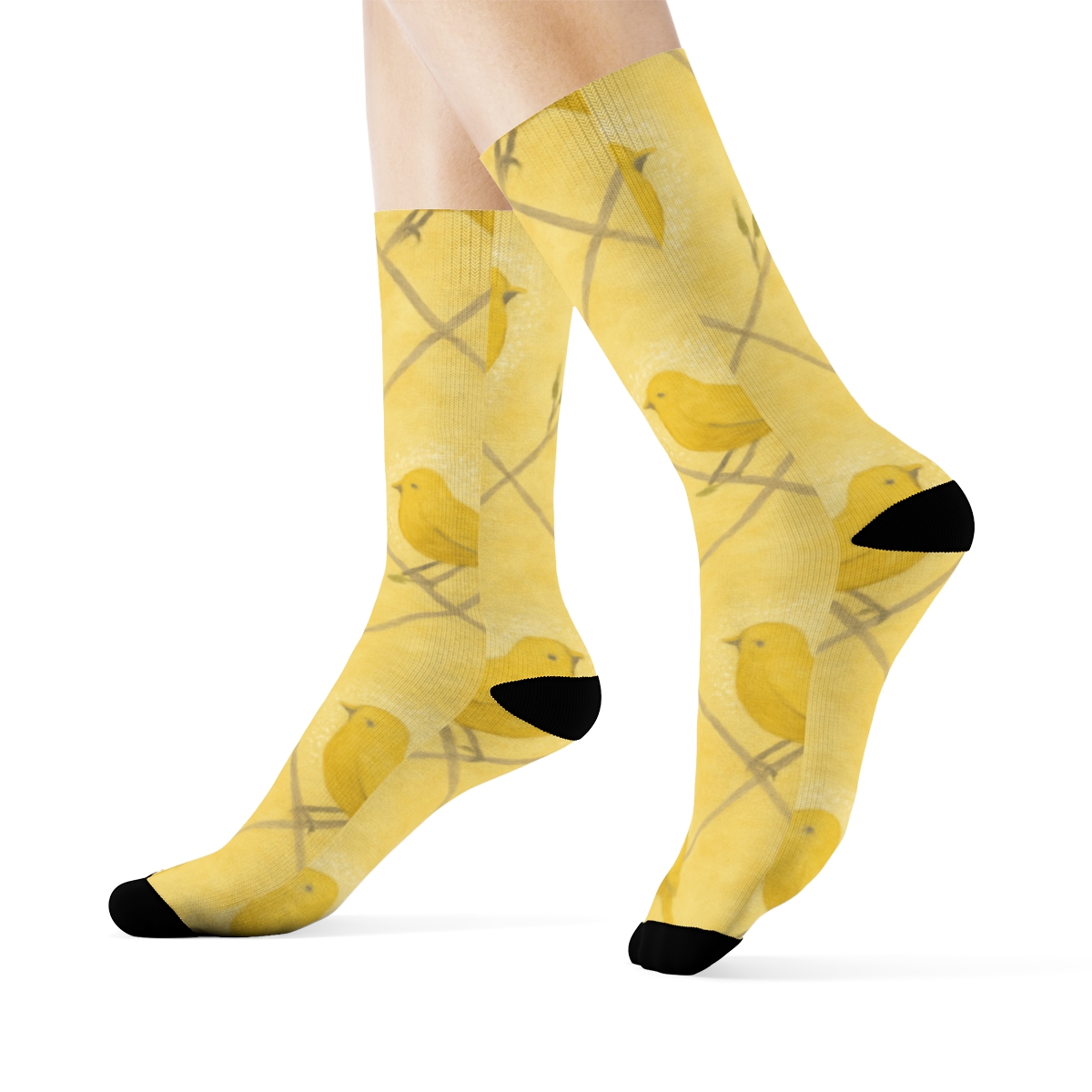 Canary Songburst Dots And Perch Lattice On Pastel Yellow Background trendy patterned crew socks