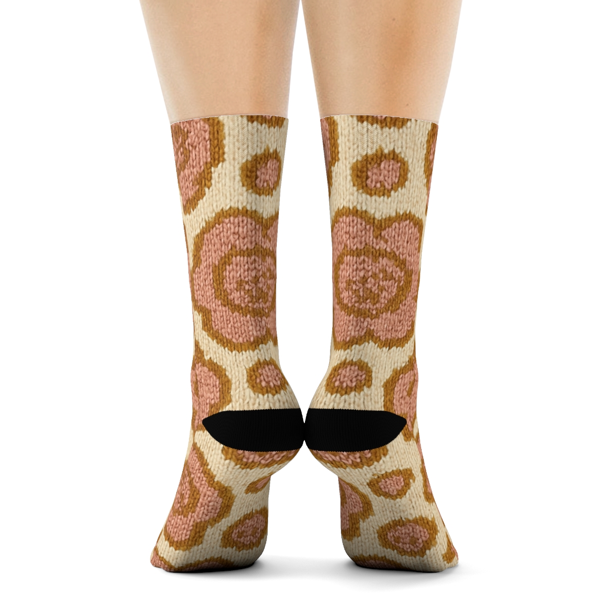 Blush Gold Rosette Knit Illusion On Cream Background comfortable cotton crew socks