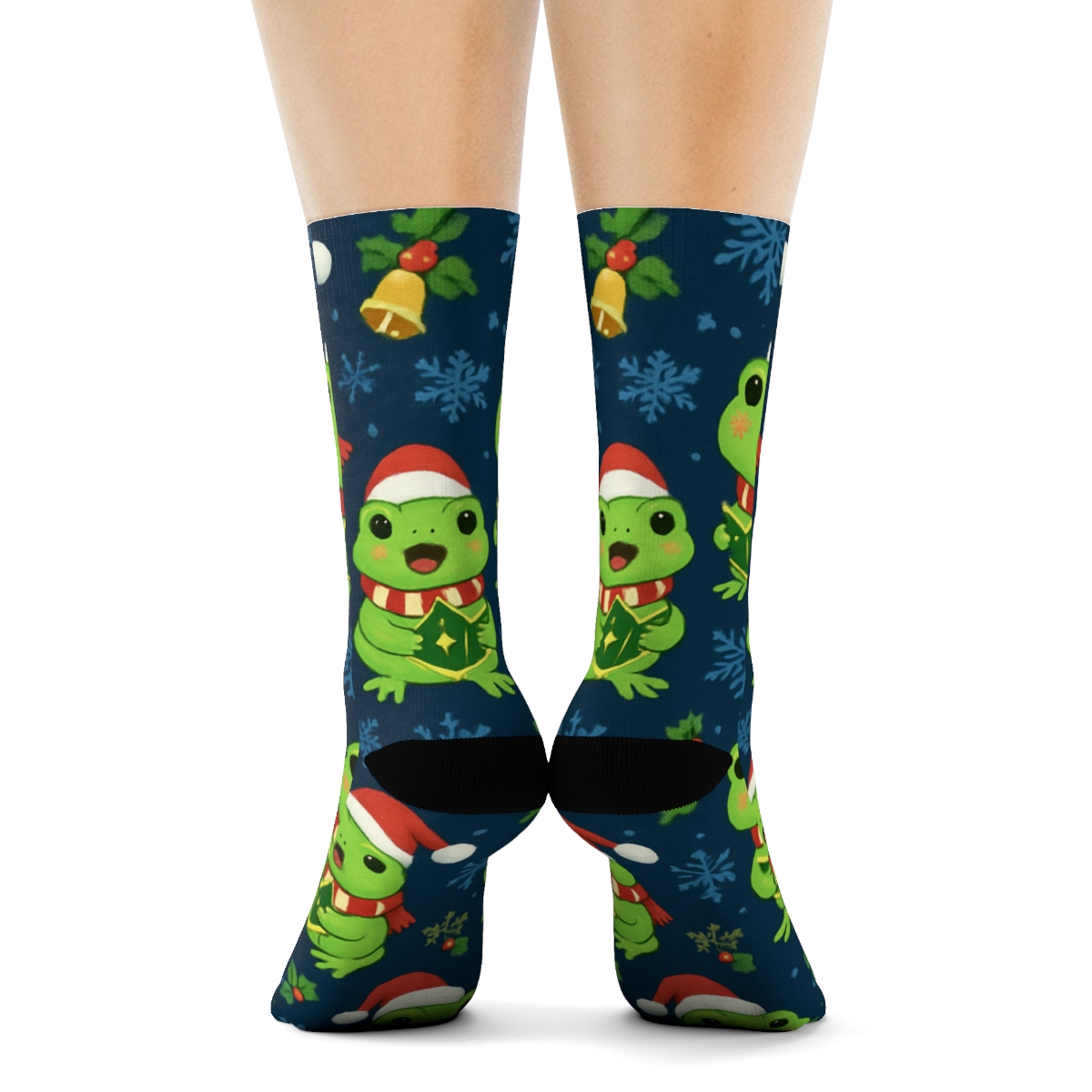 Frog Caroler Snowflake Scatter On Midnight Blue Background designer printed crew socks