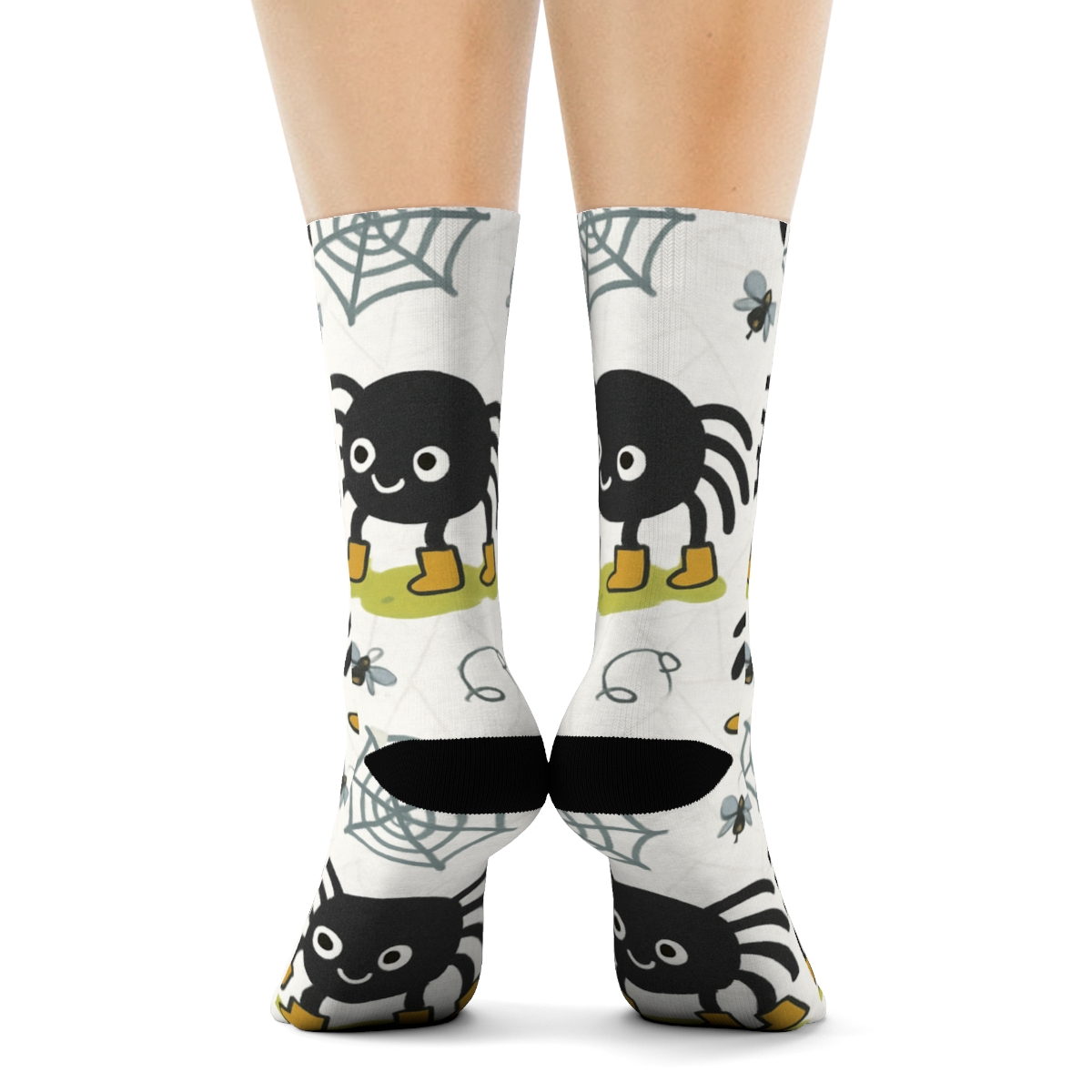 Playful Boots With Spider Scatter On Web White personalized crew socks