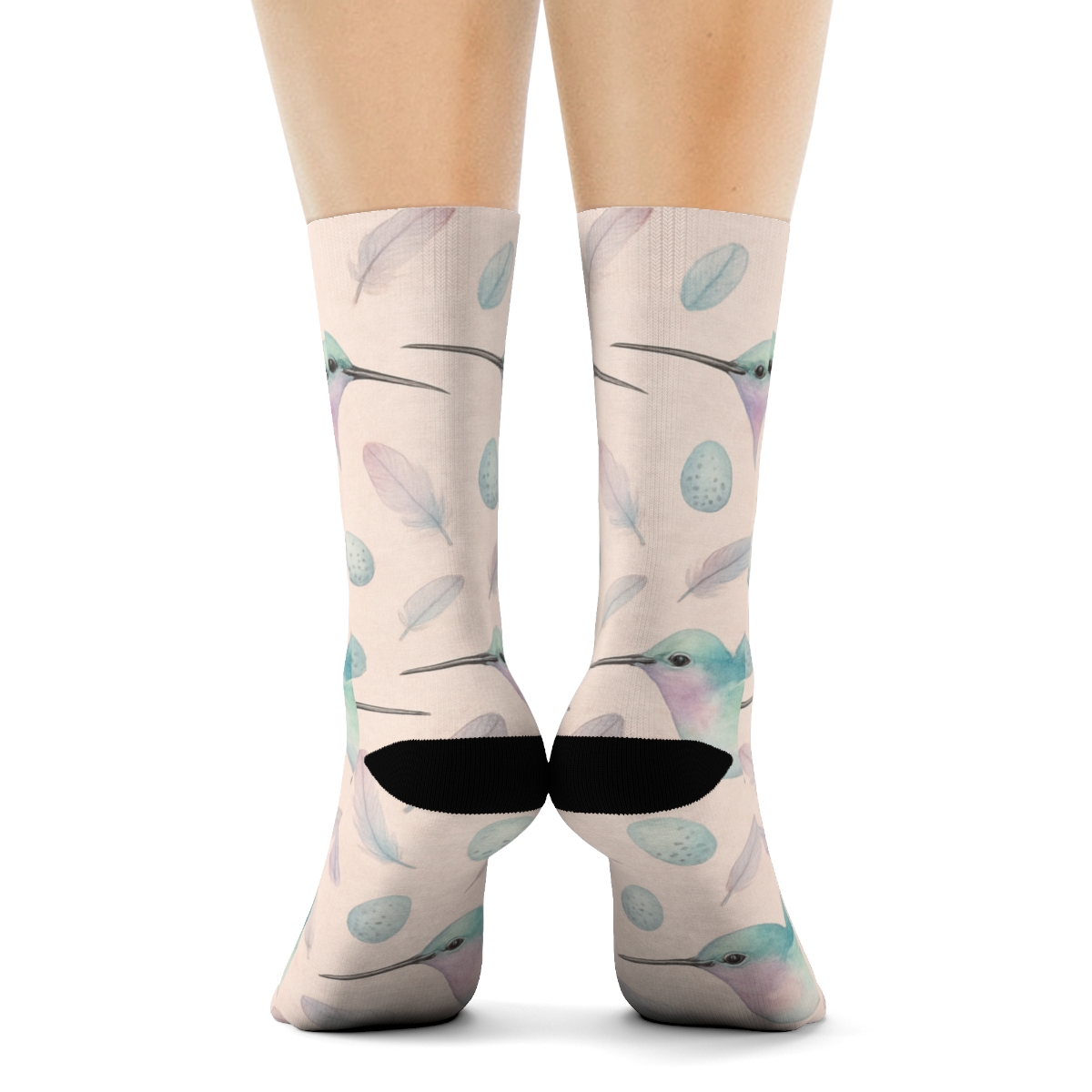 Pastel Hummingbird Garden Scatter On Blush designer printed crew socks