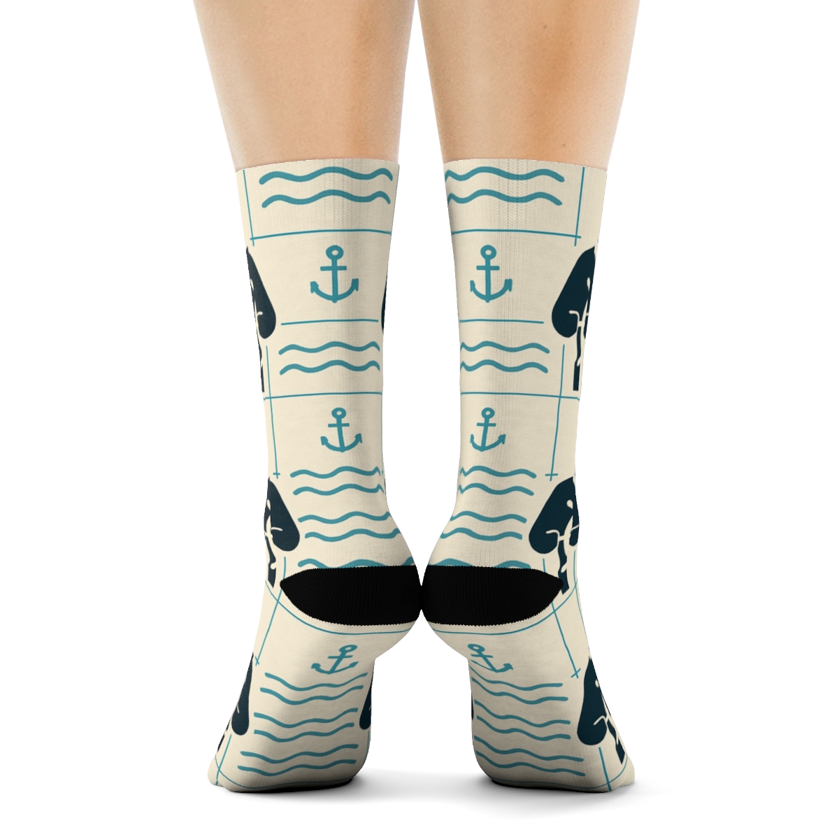 Wave Grid With Ship Captain Silhouettes personalized crew socks