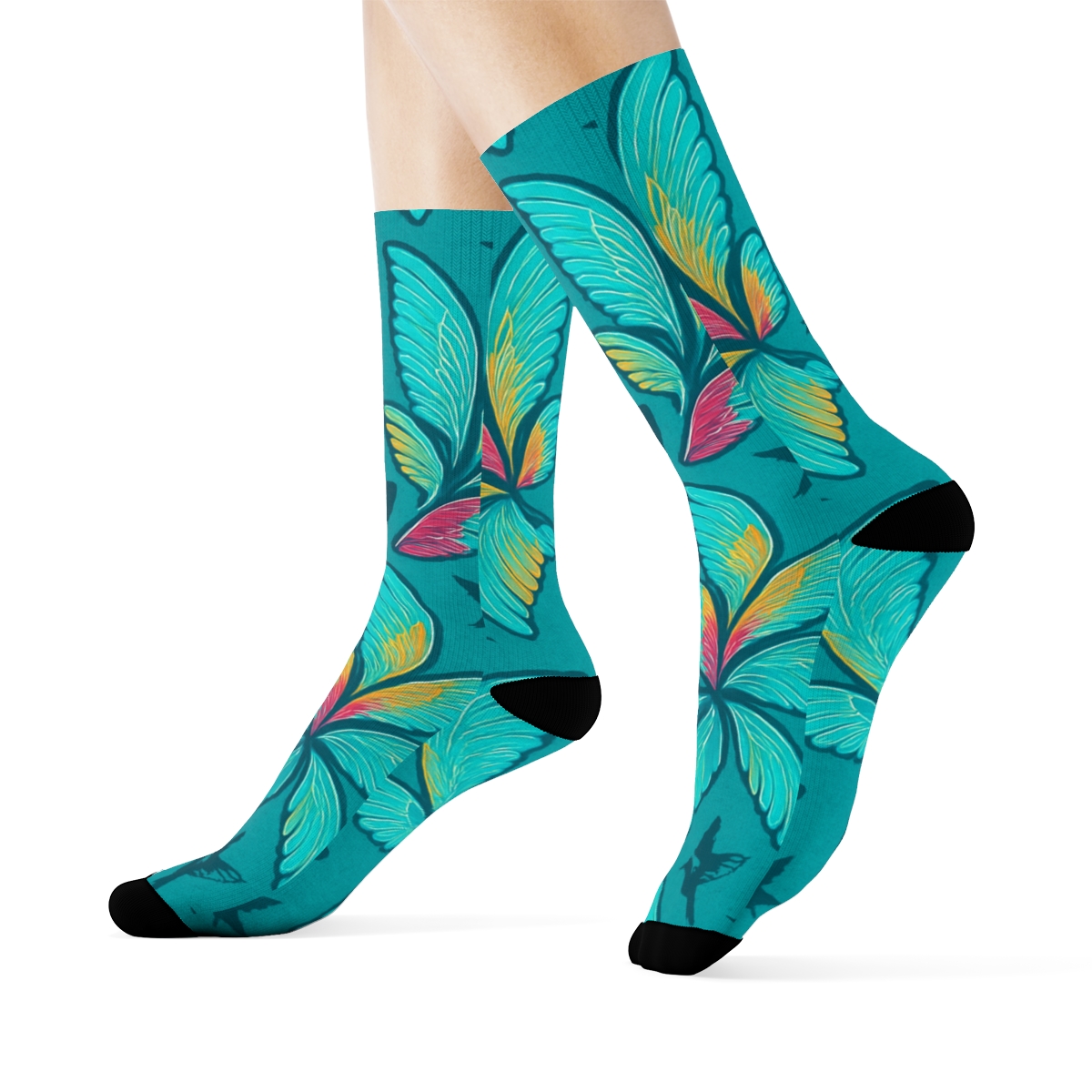 Hummingbird Wing Whirl Tessellation On Teal Background unique graphic crew socks