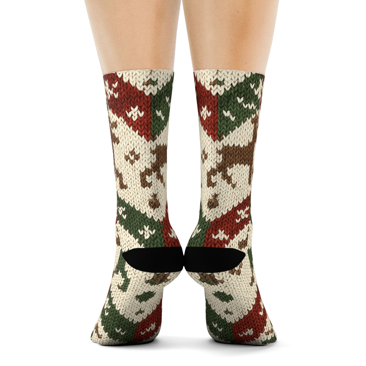 Xmas Knit Illusion Reindeer Chevron On Cream soft everyday crew socks