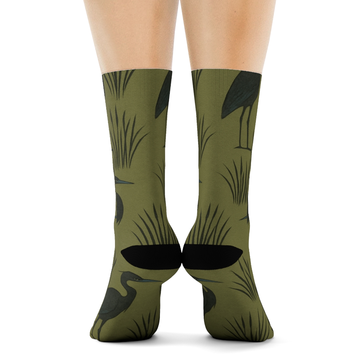 Heron Reed Silhouette Diagonal Array On Marsh Olive unique graphic crew socks