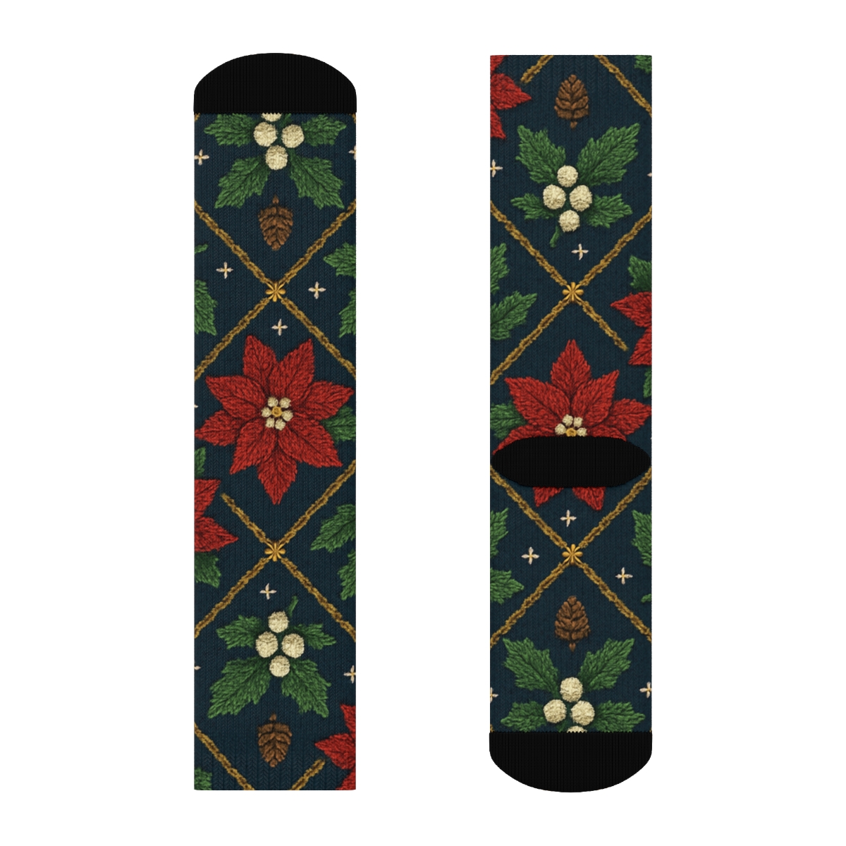 Navy Poinsettia Holly Knit Lattice designer printed crew socks