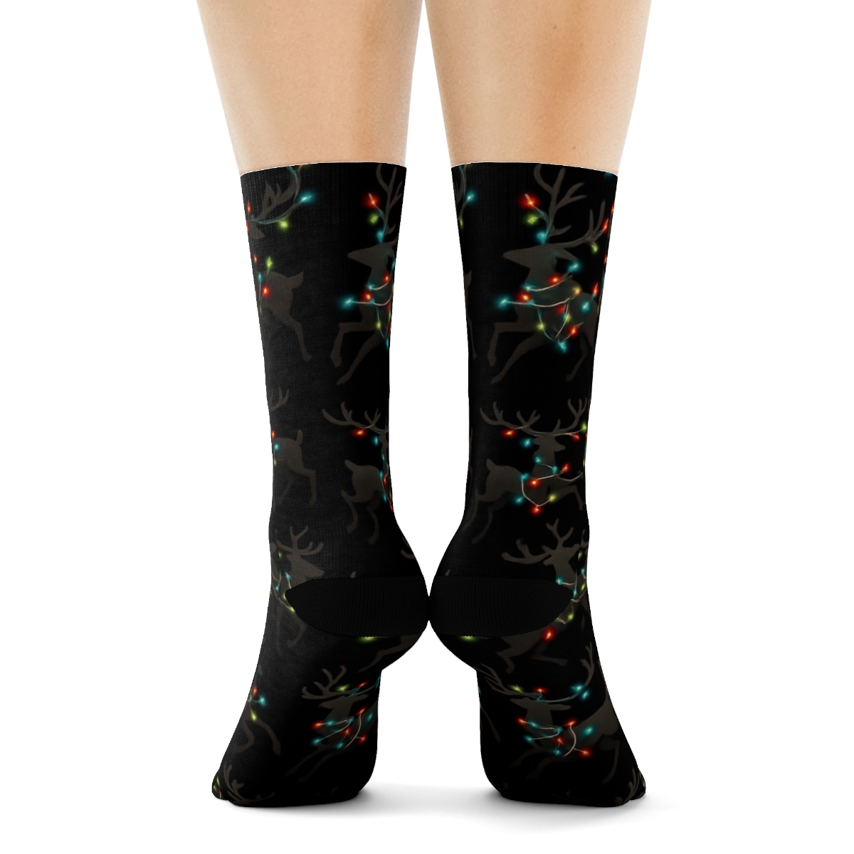 Reindeer Light Scatter On Black soft everyday crew socks