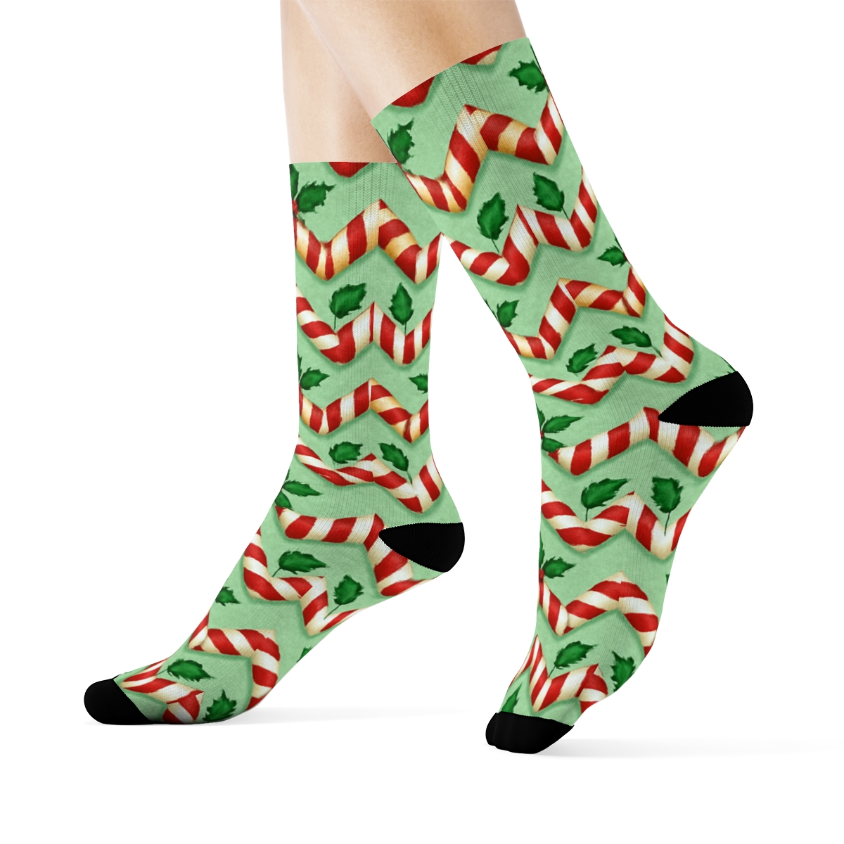 Candy Canes Chevron Ribbons On Mint Green Background trendy patterned crew socks