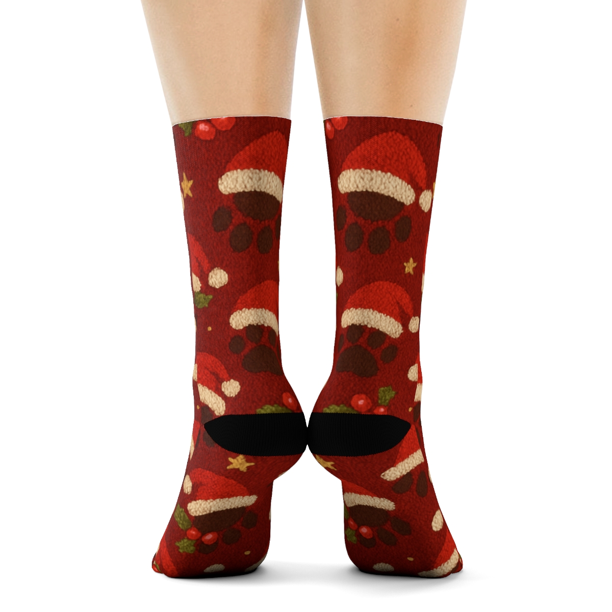Santa Hat Paws Scatter On Deep Red unique graphic crew socks