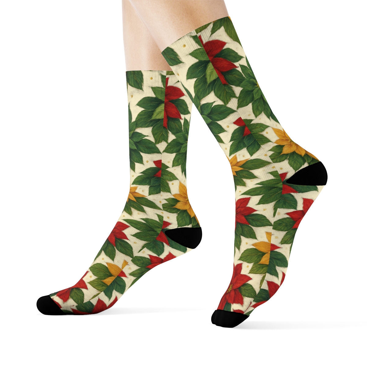 Poinsettia Chevron Holiday trendy patterned crew socks