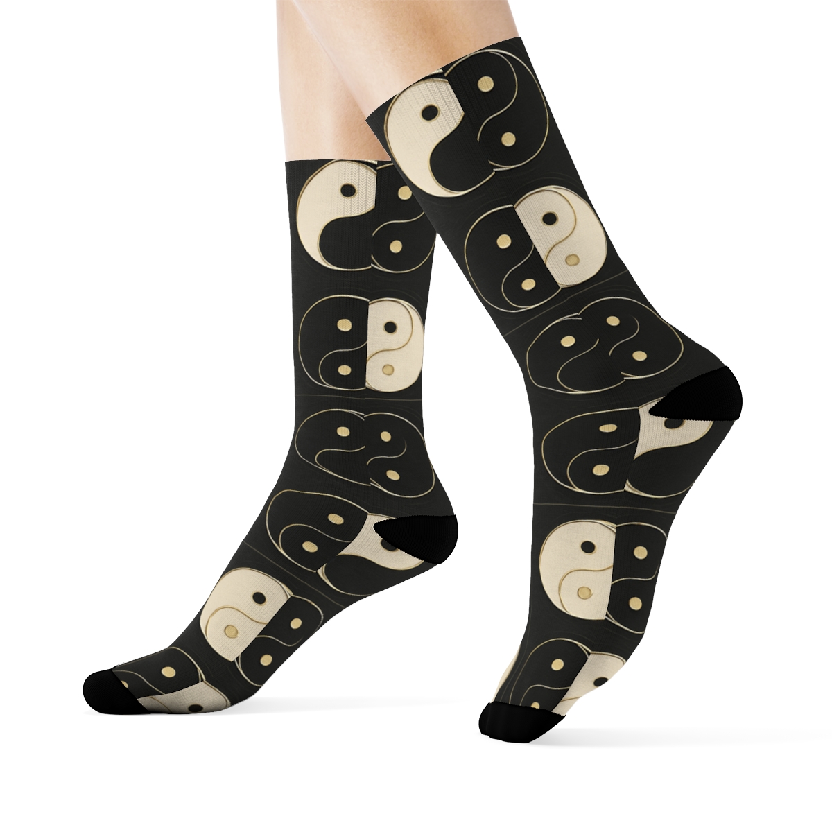 Gold Inlay Taijitu Checker On Matte Black comfortable cotton crew socks