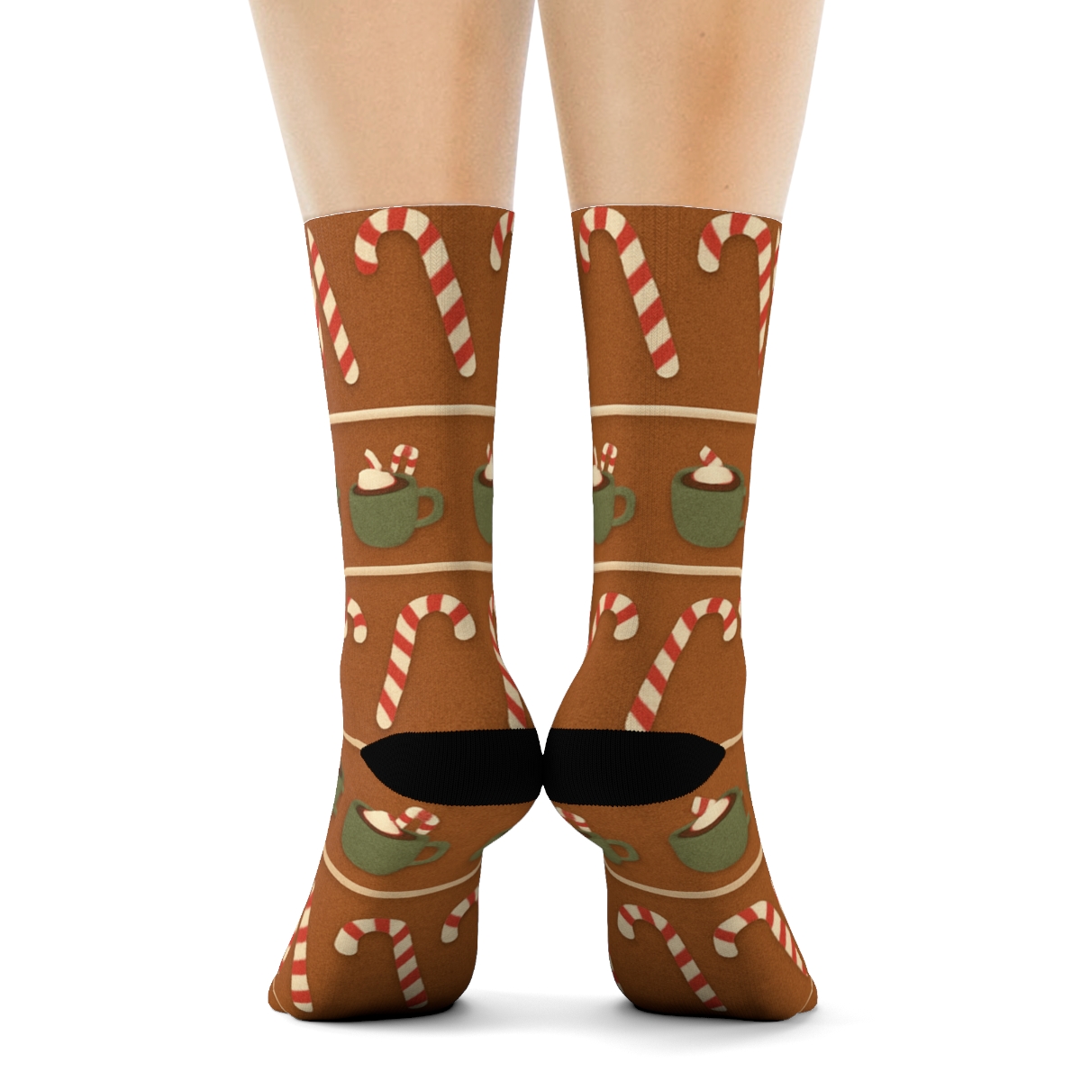 Ginger Cocoa Ground With Marching Candy Canes Border stylish athletic crew socks