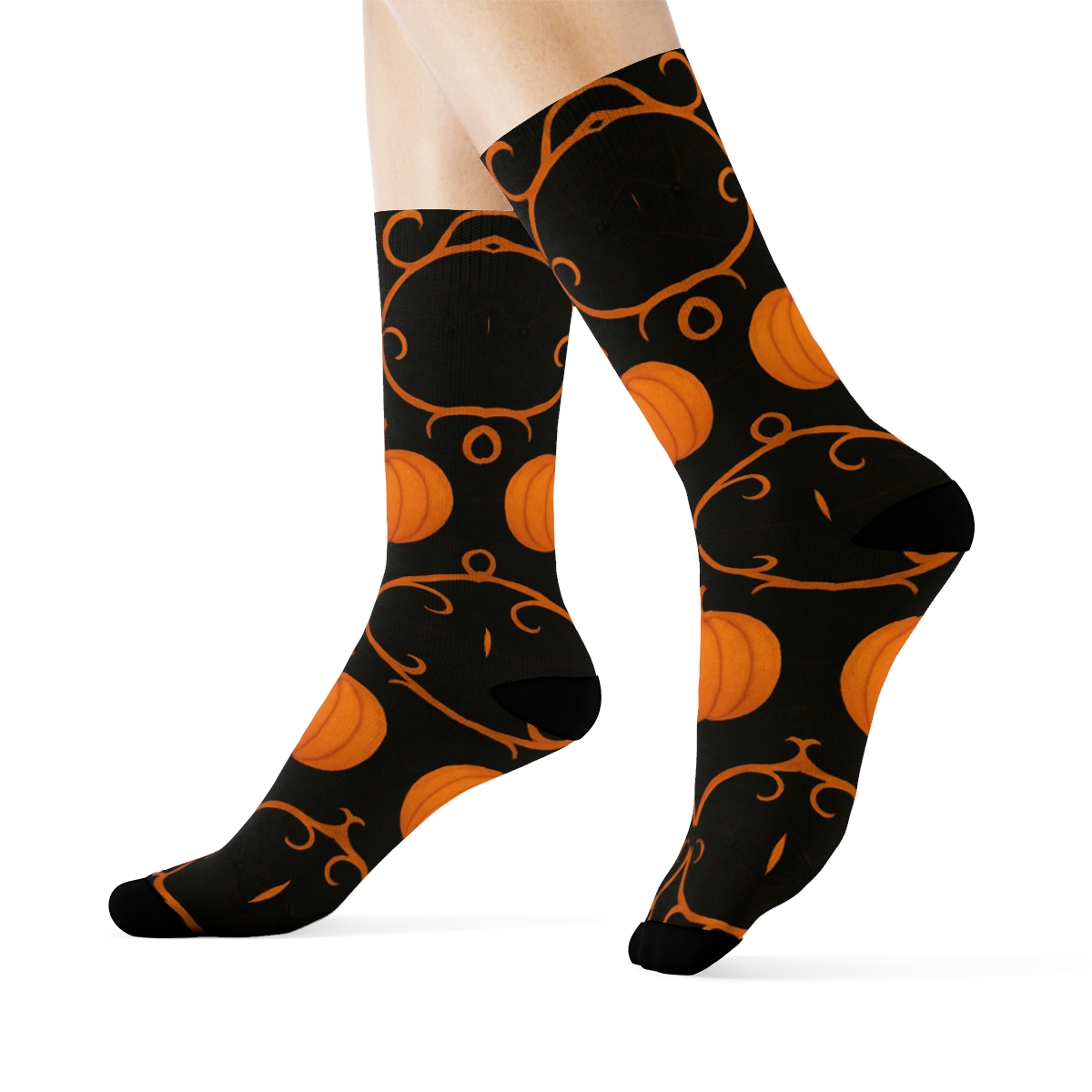 Pumpkin Vine Lattice With Tiny Spiders On Black Background designer printed crew socks
