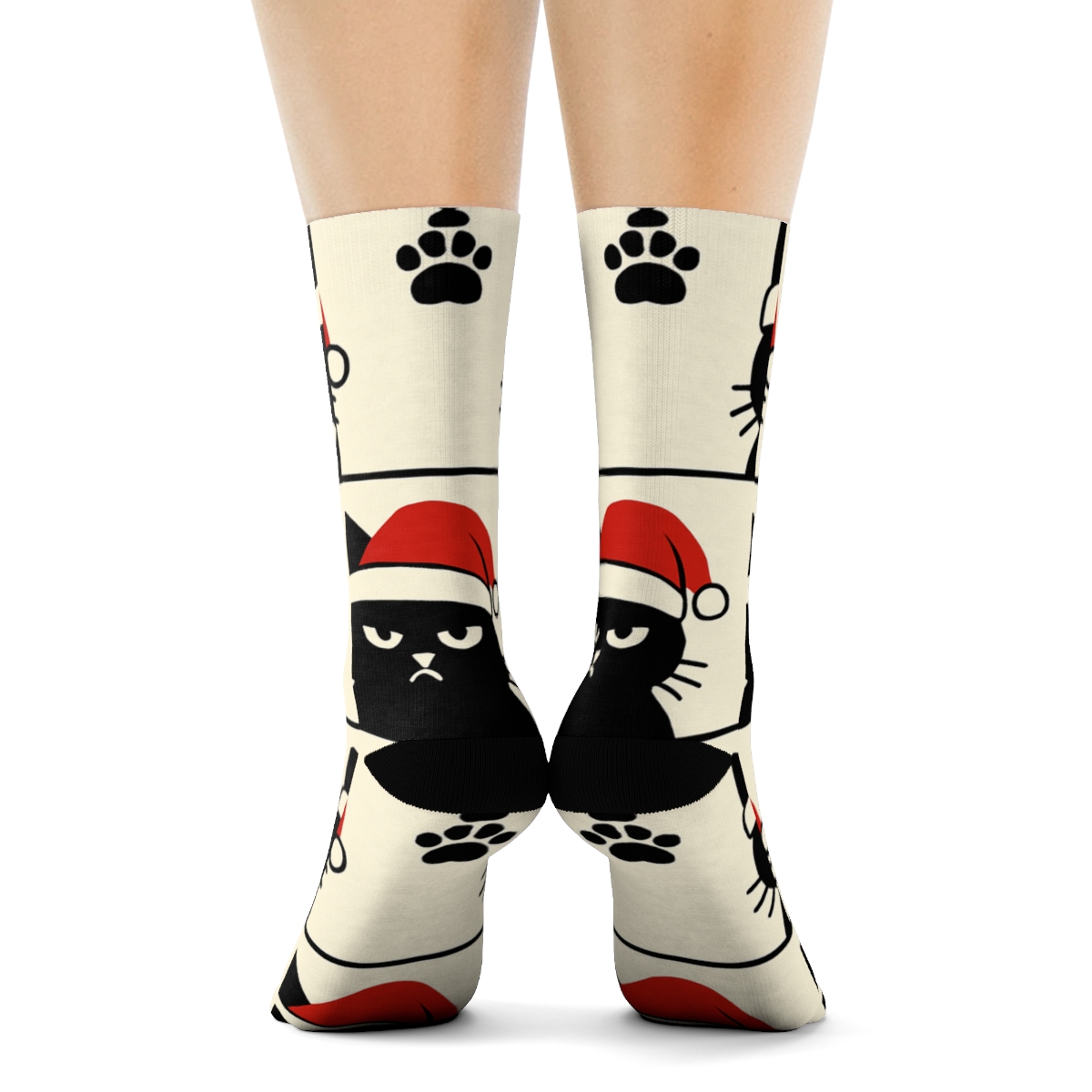 Grumpy Santa Hat Cat Silhouette Stripe Repeat On Warm Ivory Background custom crew socks