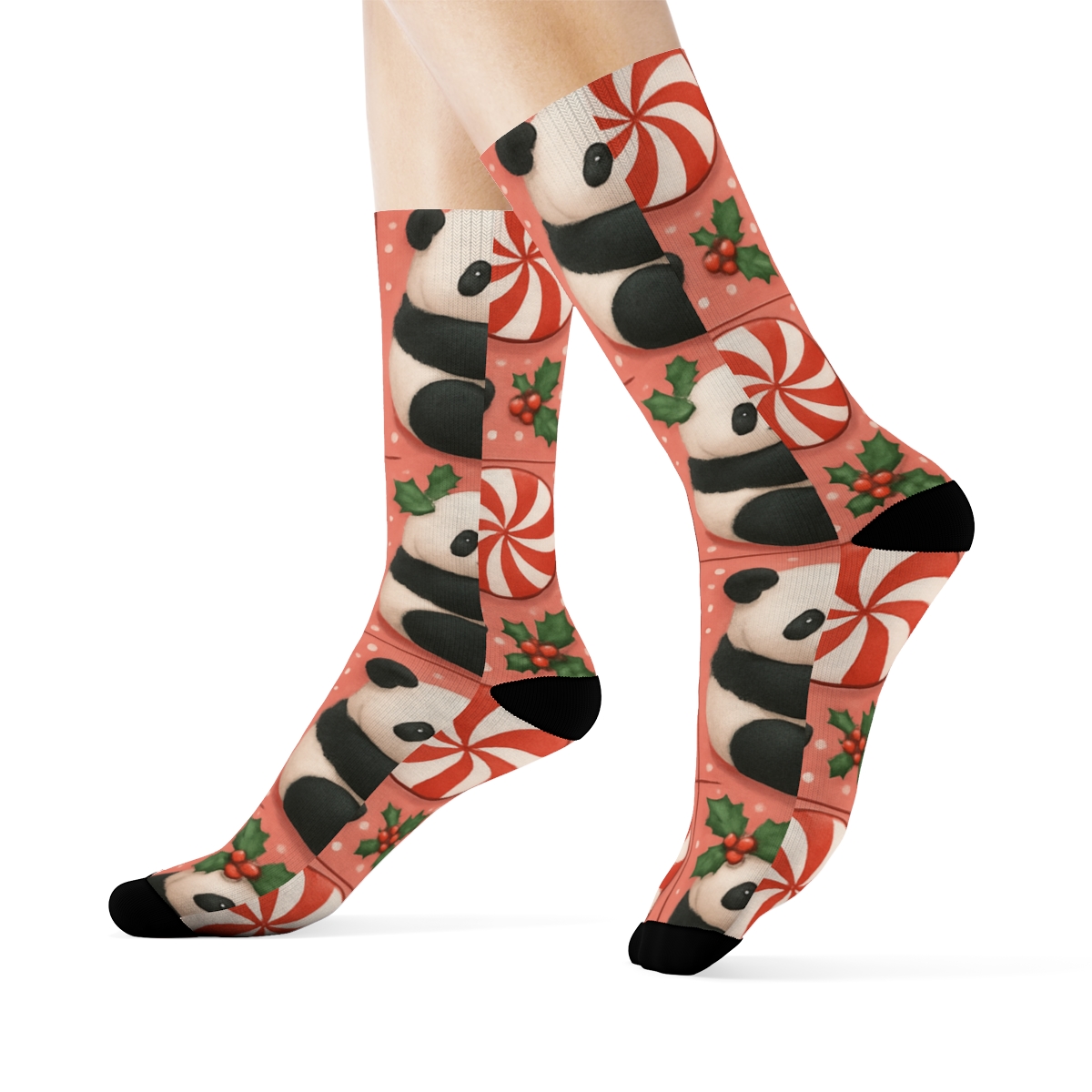 Panda Peppermint Spiral Tiles On Pink Background personalized crew socks