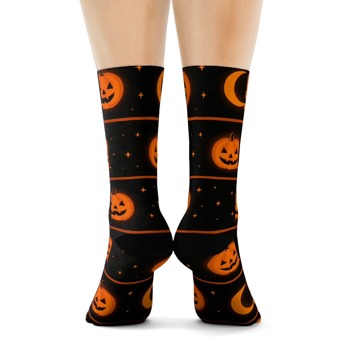 Crescent Moon And Pumpkin Halo Bands On Black Background soft everyday crew socks