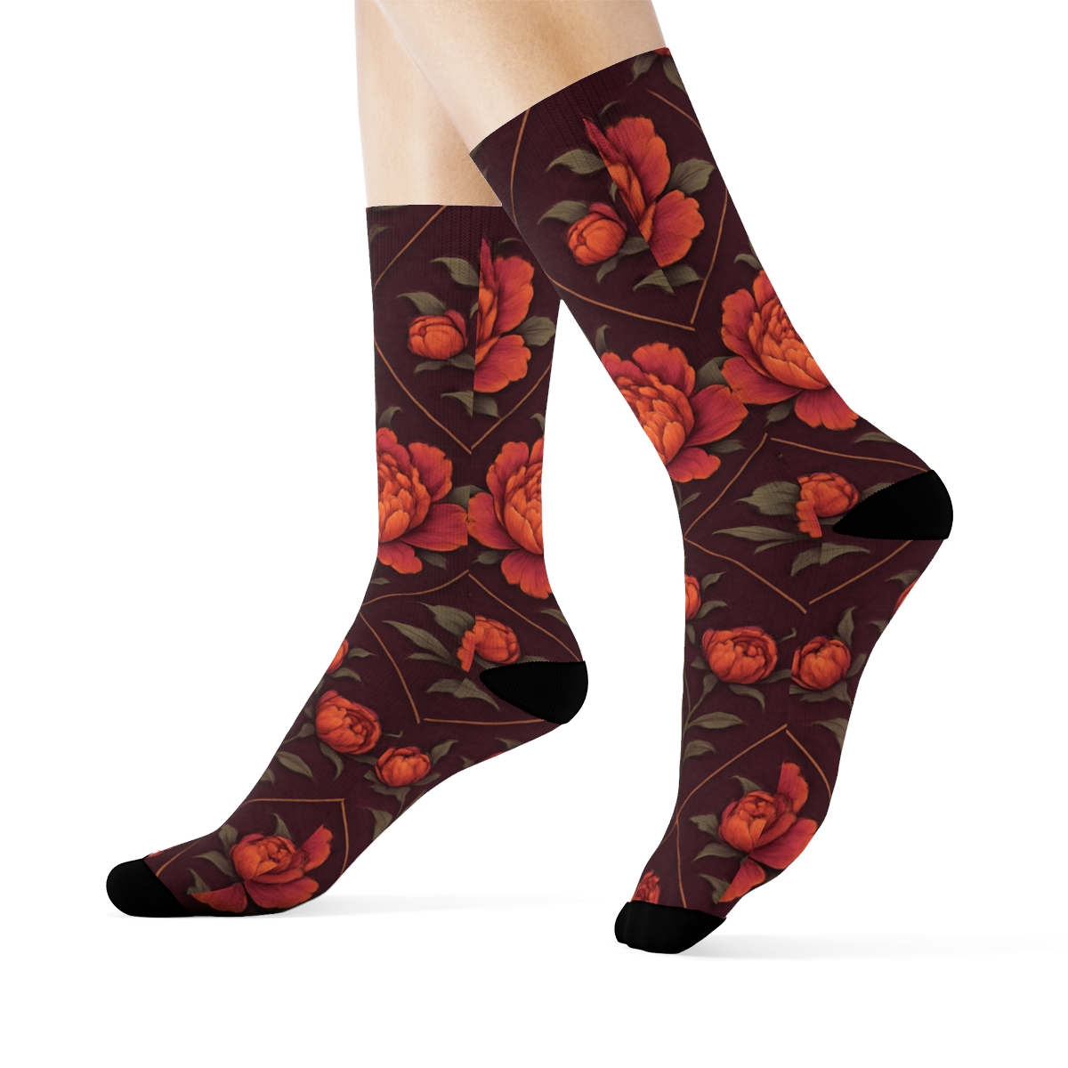 Sunset Peony Medallion Tiles On Deep Plum Background custom crew socks