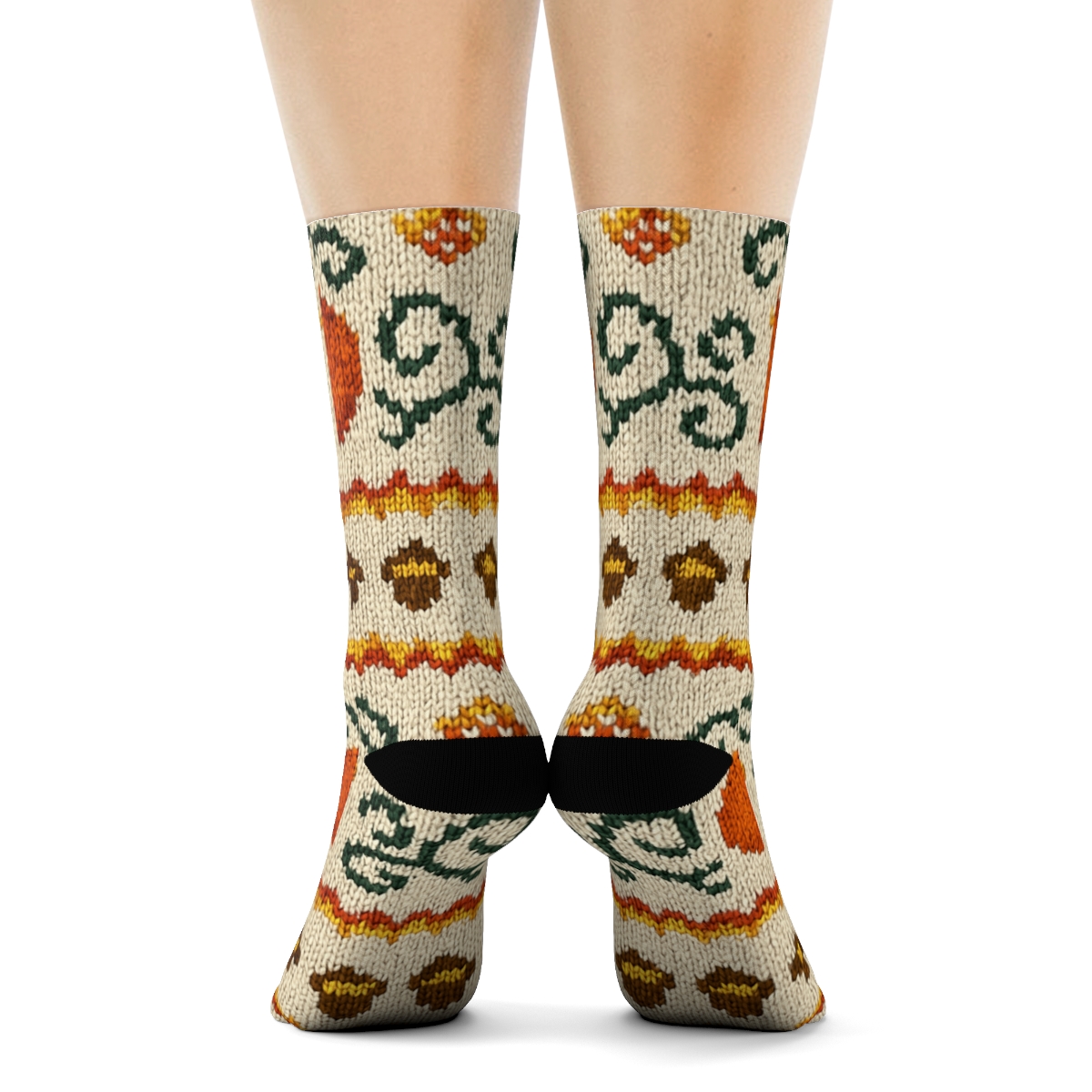 Knitted Pumpkin And Acorn Fair Isle On Creamy Beige Background comfortable cotton crew socks