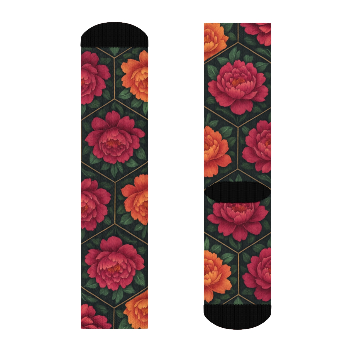 Peony Mosaic Tessellation On Charcoal Background trendy patterned crew socks