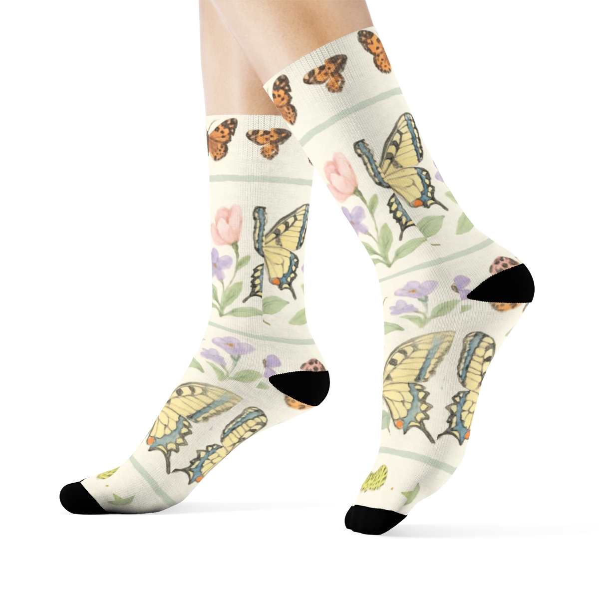 Pastel Garden Butterfly Parade Border On Ivory Background personalized crew socks