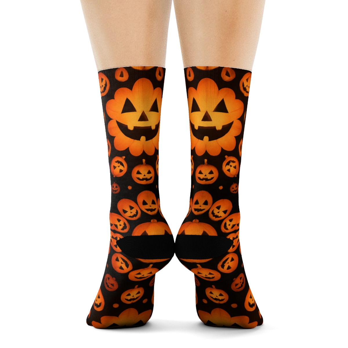 Glowing Jack O Lantern Rosette Tiles On Black Background custom crew socks