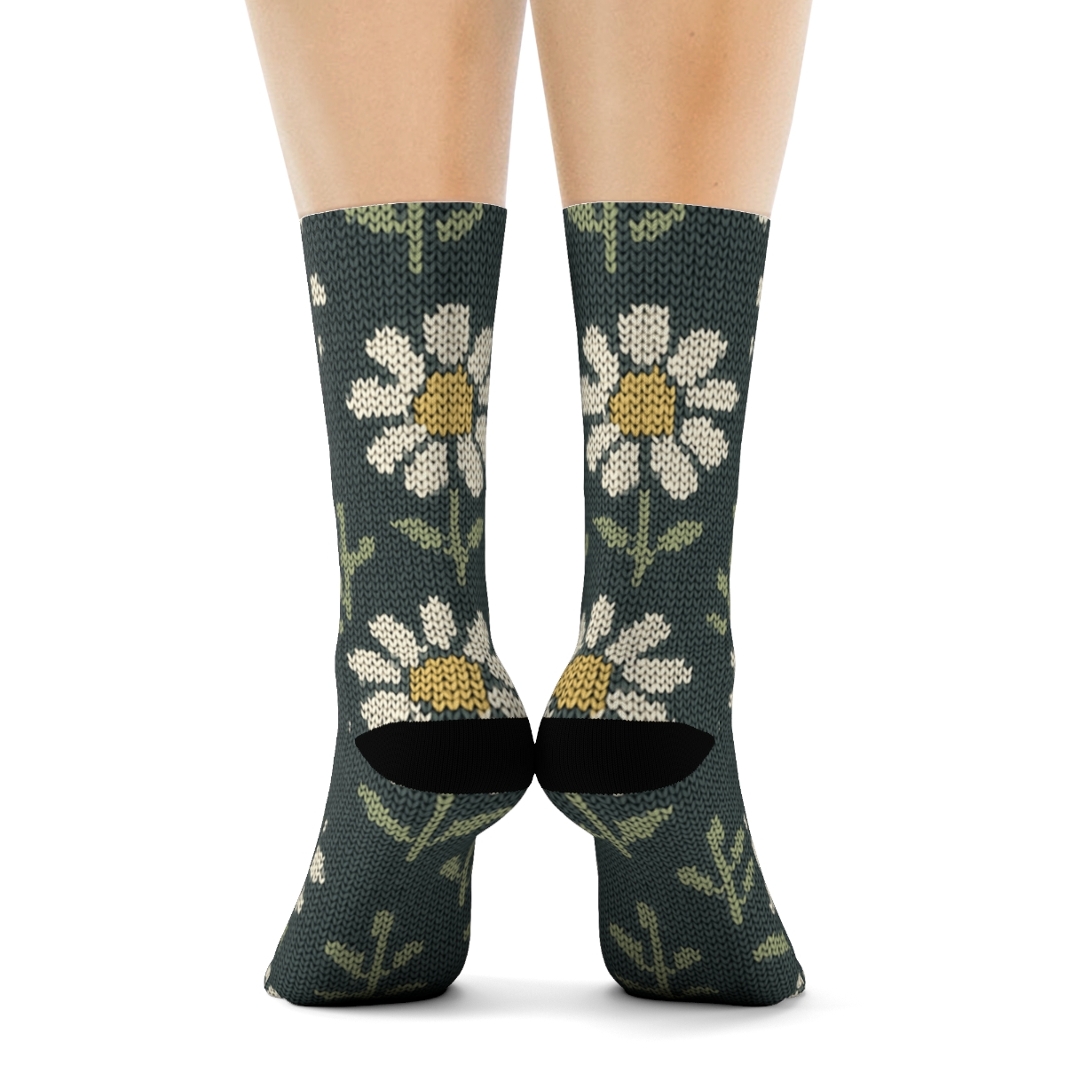 Cream Daisy Knit Grid On Charcoal Background personalized crew socks