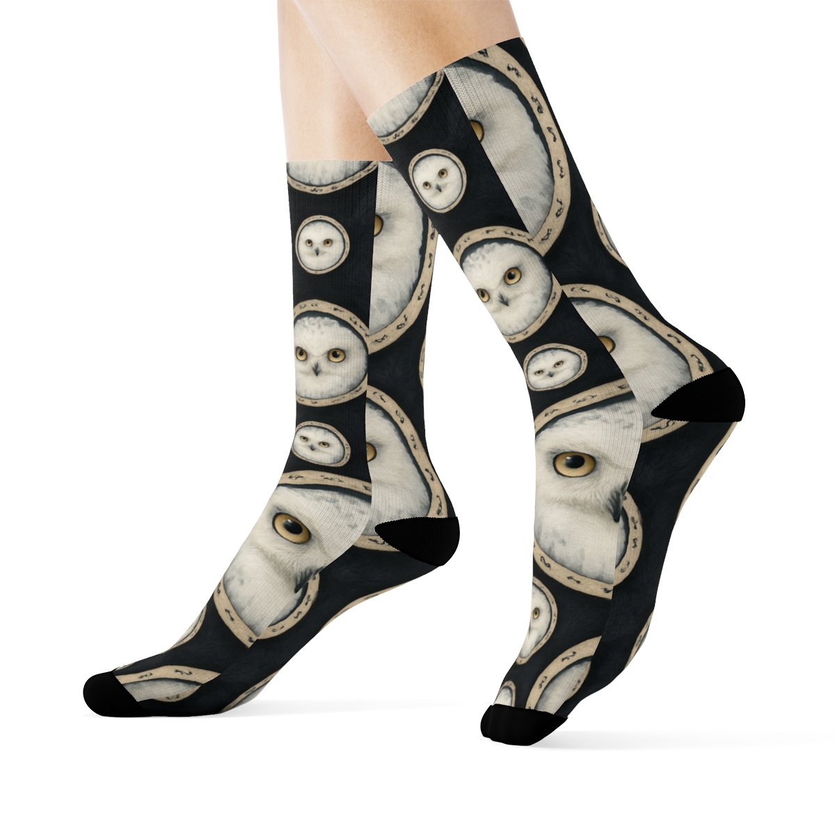 Snowy Owl Portrait Medallions On Black Background soft everyday crew socks
