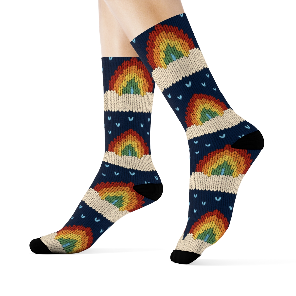 Rainbow Arc Knit Illusion Bands On Midnight Navy custom crew socks