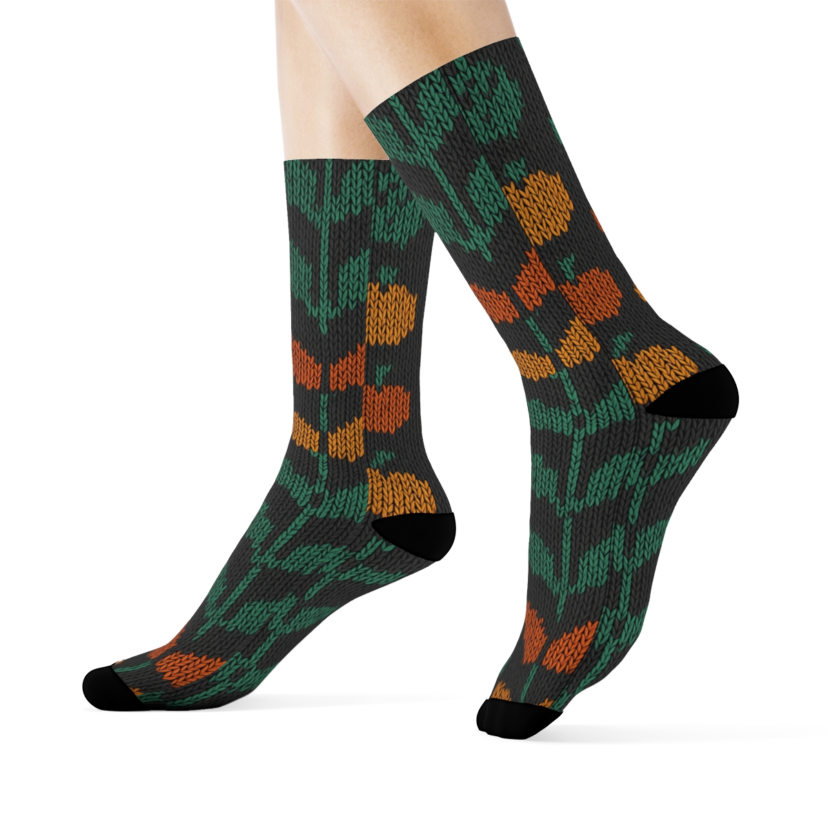 Forest Green Knitted Leaf Chevron On Charcoal Background custom crew socks