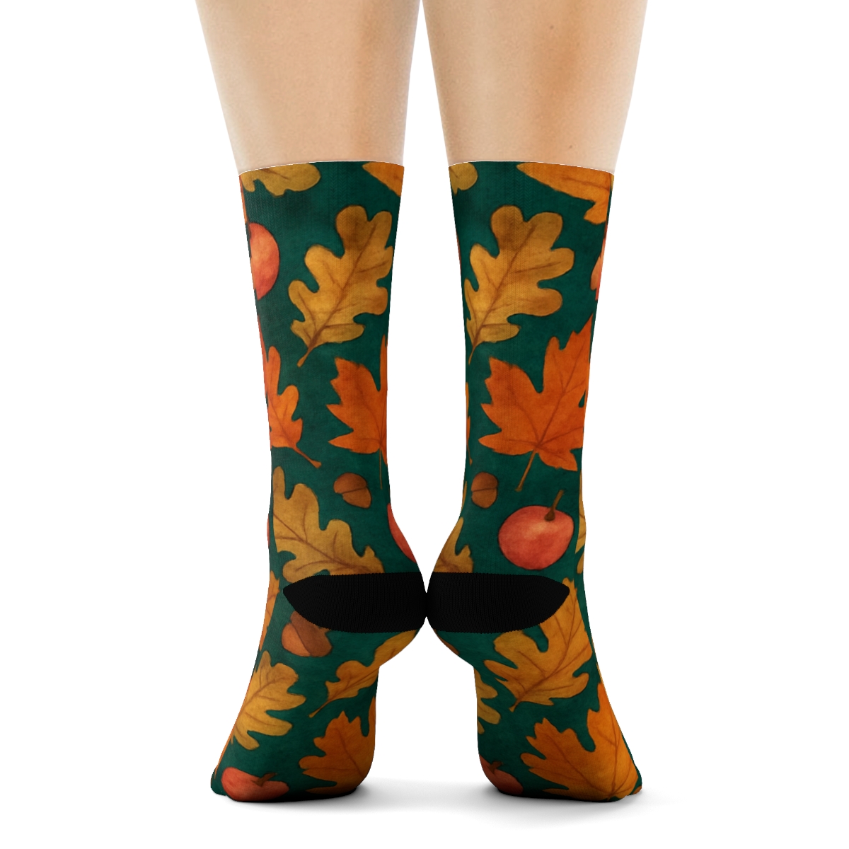 Watercolor Leaf And Apple Diagonal Drift On Deep Teal Background soft everyday crew socks