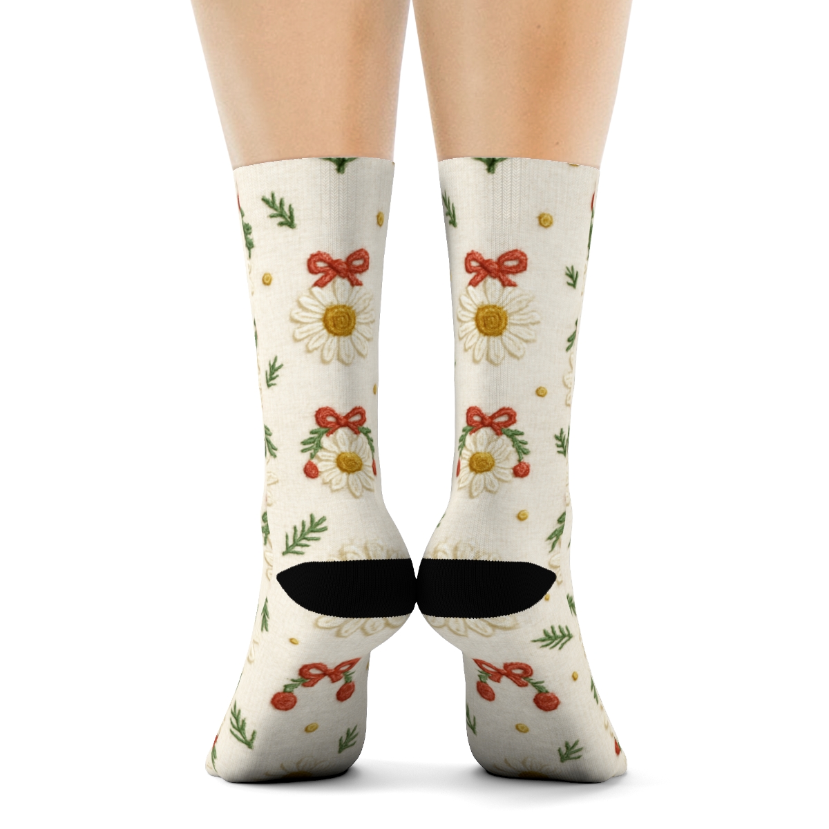 Embroidered Holly Wreath Daisies Scatter On Warm Ivory Background comfortable cotton crew socks