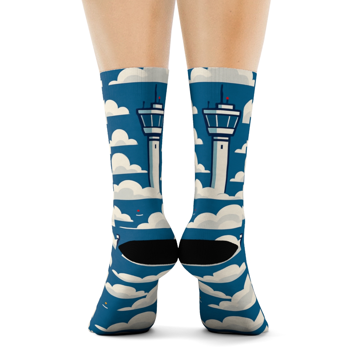 Airplane Tower And Cloud Grid In Aviation Chic custom crew socks