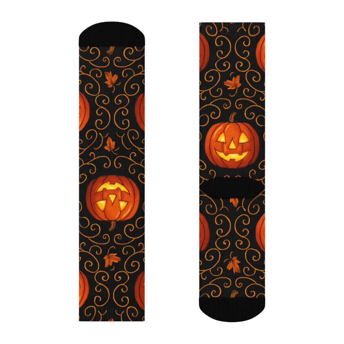 Twisting Pumpkin Vine Medallions On Black Background soft everyday crew socks