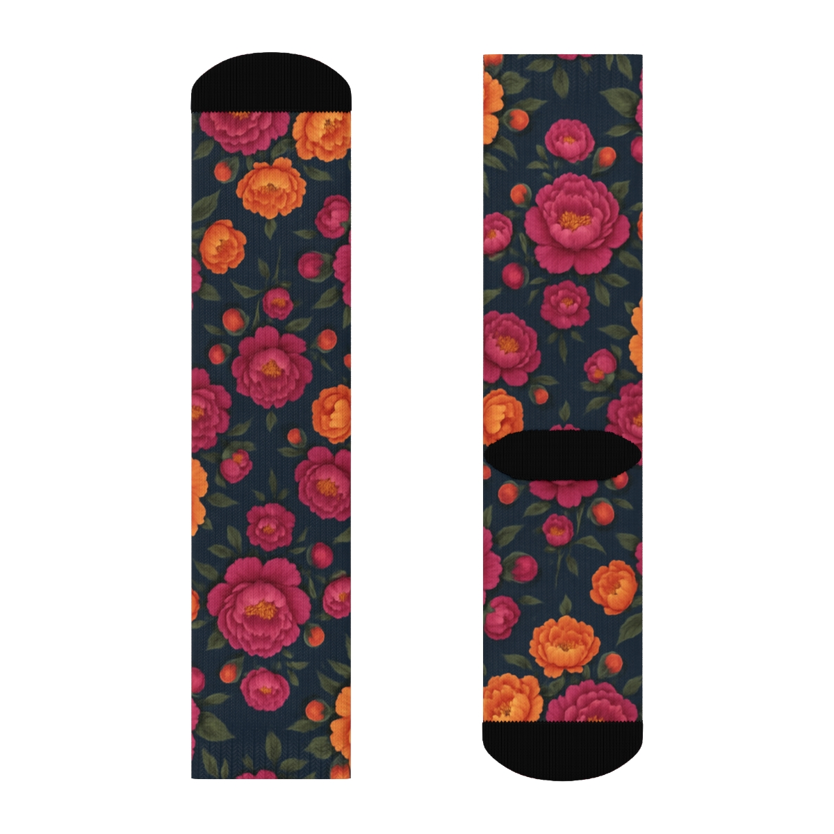 Sunset Peony Medallion Tessellation On Deep Navy Background unique graphic crew socks