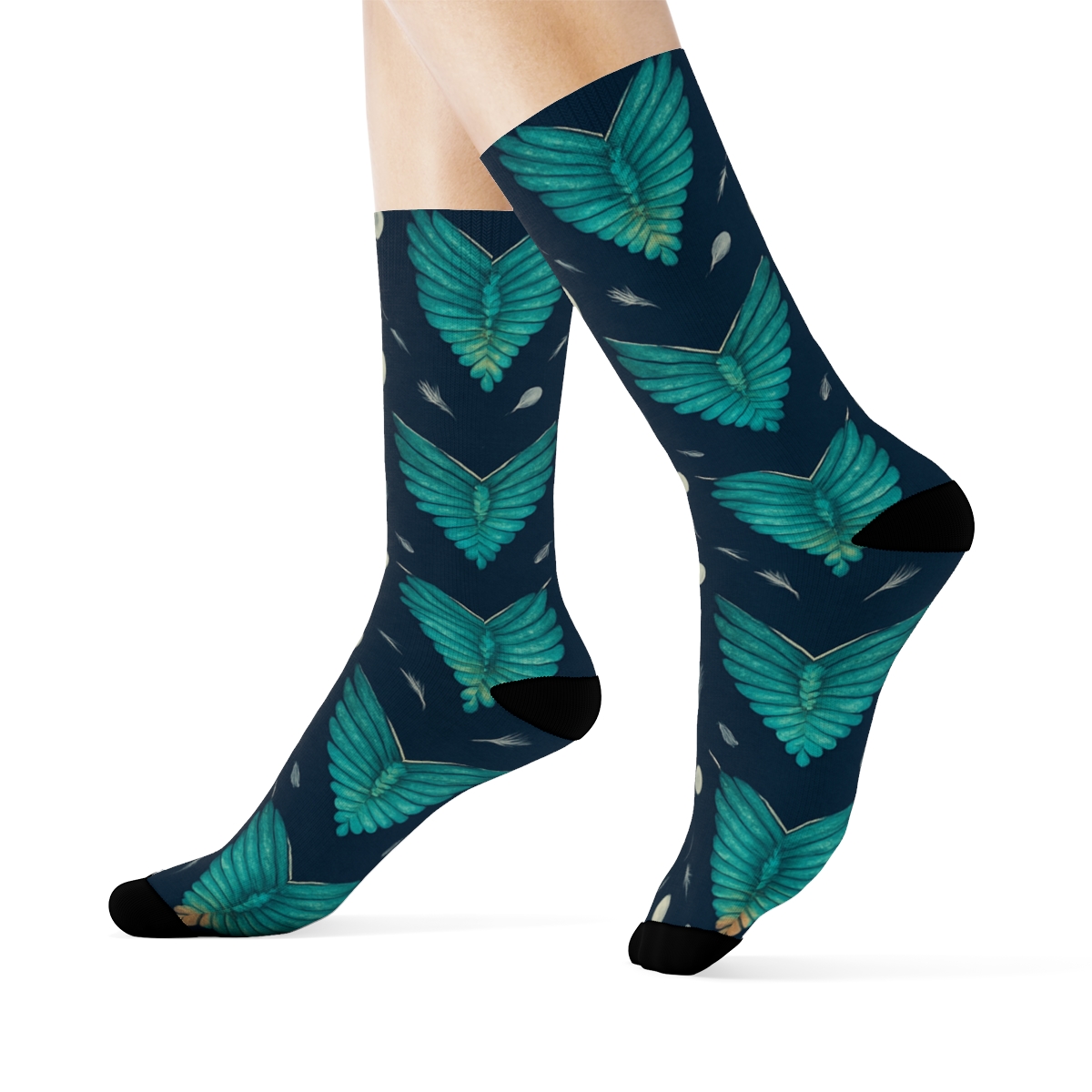 Teal Hummingbird Wing Lattice On Midnight Blue Background soft everyday crew socks