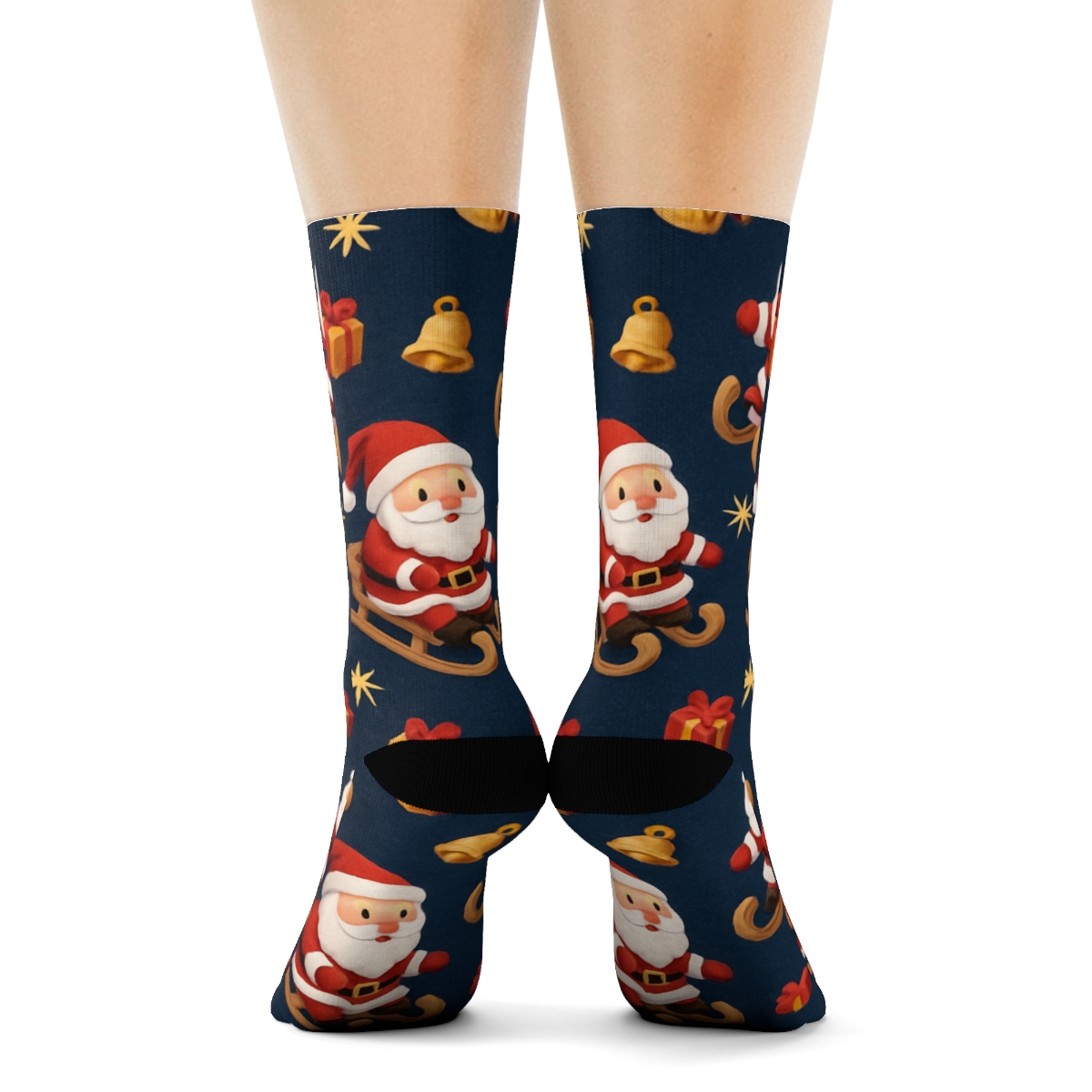 Santa With Sleigh Holiday Scatter On Navy Background custom crew socks
